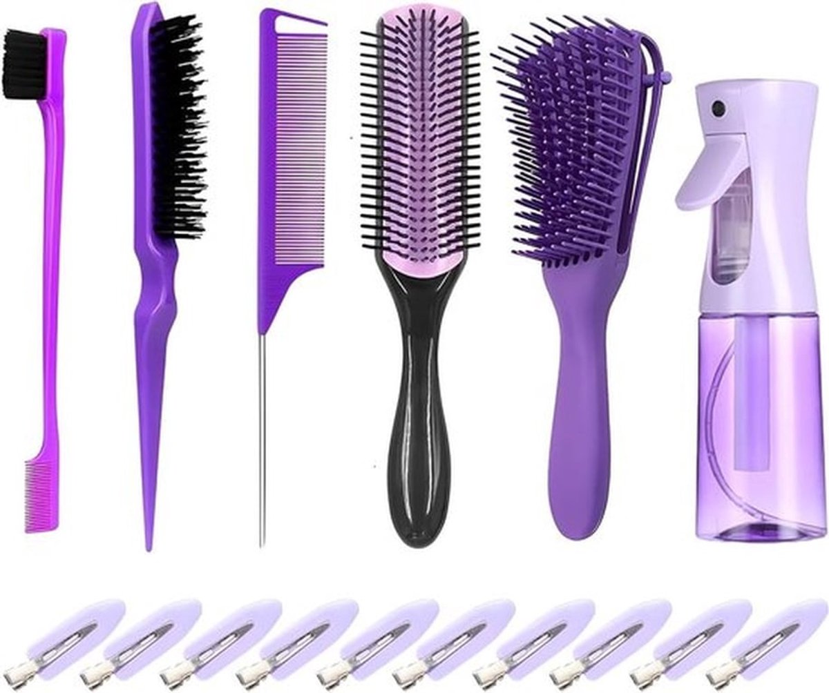 Set van Krul- en Natuurlijke Haarborstels met Staartkam, Ontklittende Borstel voor Frizzy Haar, Vernevelaar en Tangen voor Perfecte Styling