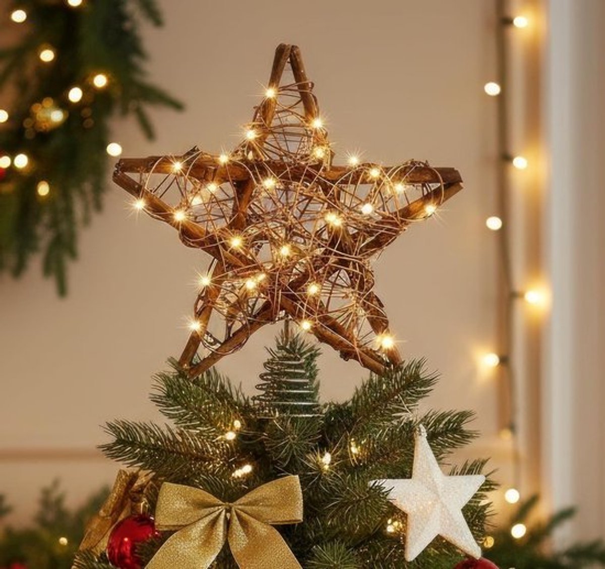Kerstboom Topper met Sterren en String Lights - Glinsterende Ster - 10 Inch - Voor Kerstversiering - 3D Boomtop - Vakantie Decoraties
