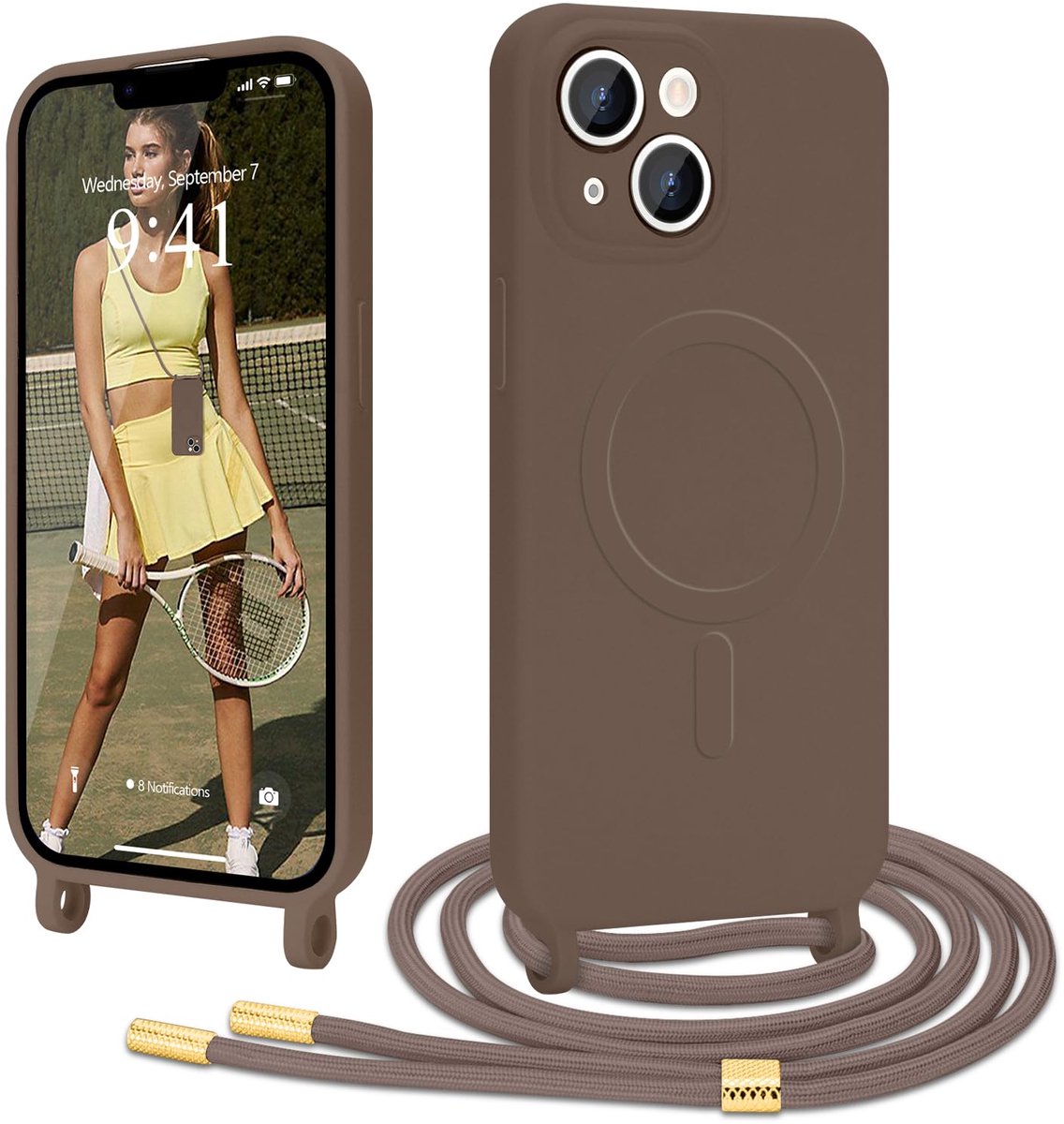 SnelShoppen - Ethanger Magnetische Beschermhoes voor iPhone 14/13 met Koord, Schouderriem, Compatibel met MagSafe, Vloeibare Siliconen, Bruin voor Fee