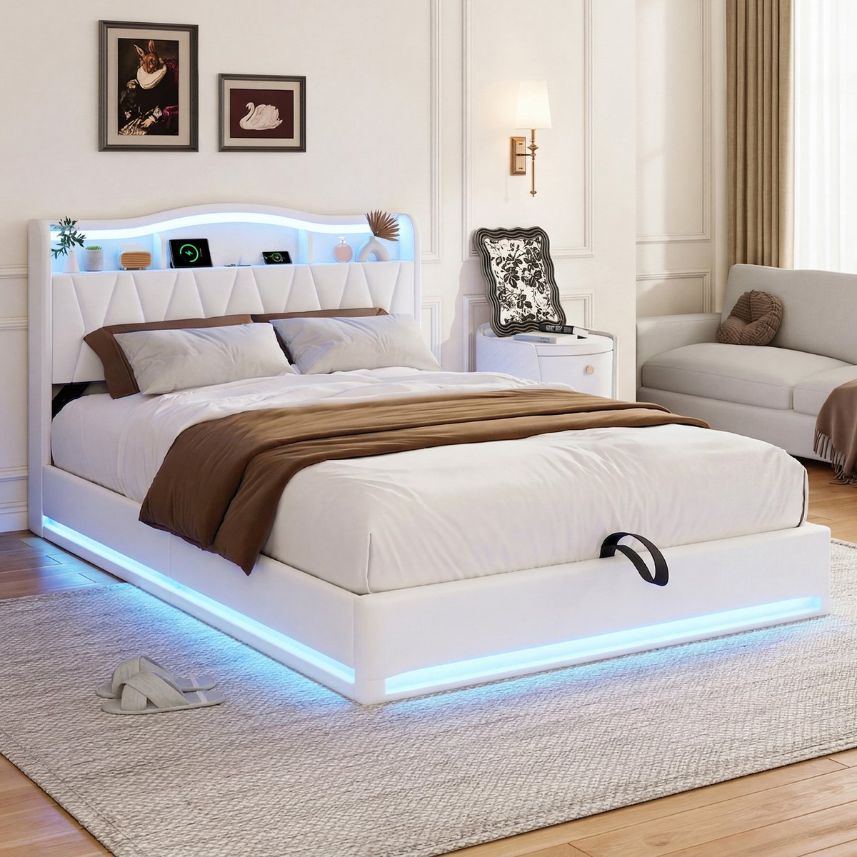 Gestoffeerd Bed 140x200 cm Beige Fluweel – Tweepersoonsbed met Opbergruimte, USB-poorten en LED-verlichting – Bedframe met Lattenbodem – Zonder Matras