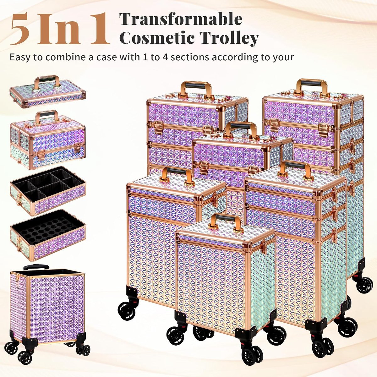 SnelShoppen - AROUS 5-in-1 Hoge Make-up Koffer voor Dames, Professionele Beautytrolley op Wielen, Grote Make-up Organizer met Sloten, Kleurrijke Rolko