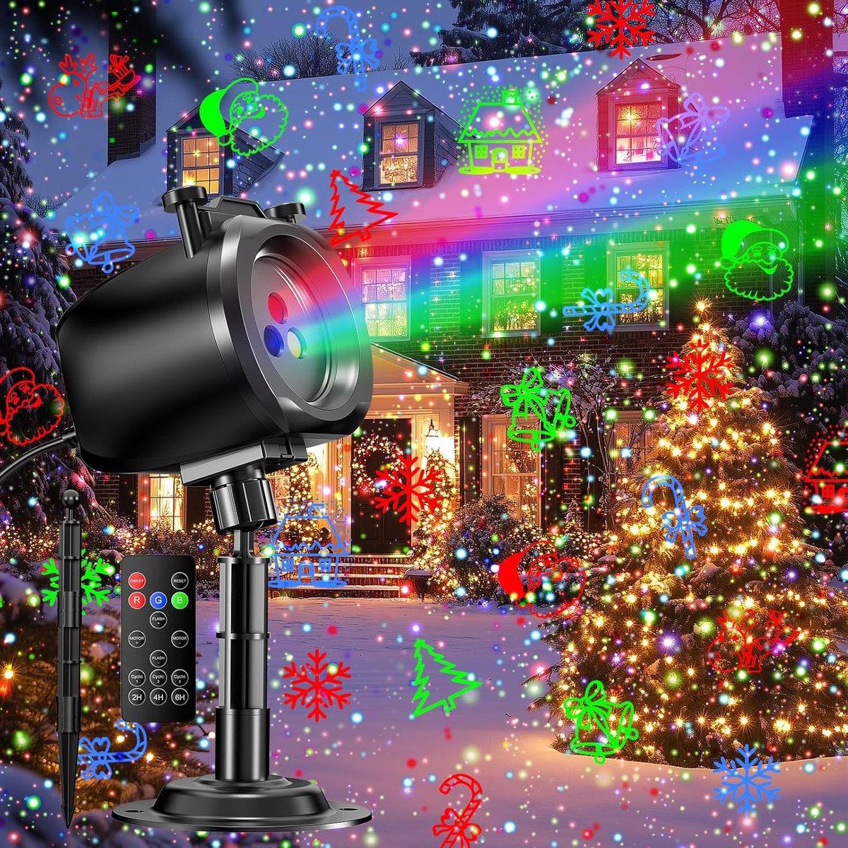 Kerstlaserprojector voor buiten, RGB 3-kleuren laserlicht met 24 patronen, IP65 waterdichte sterrenprojector, vuurvliegjes en bewegende lichtshow, decoratie voor tuin, erf, kerst, Halloween en andere feestdagen.
