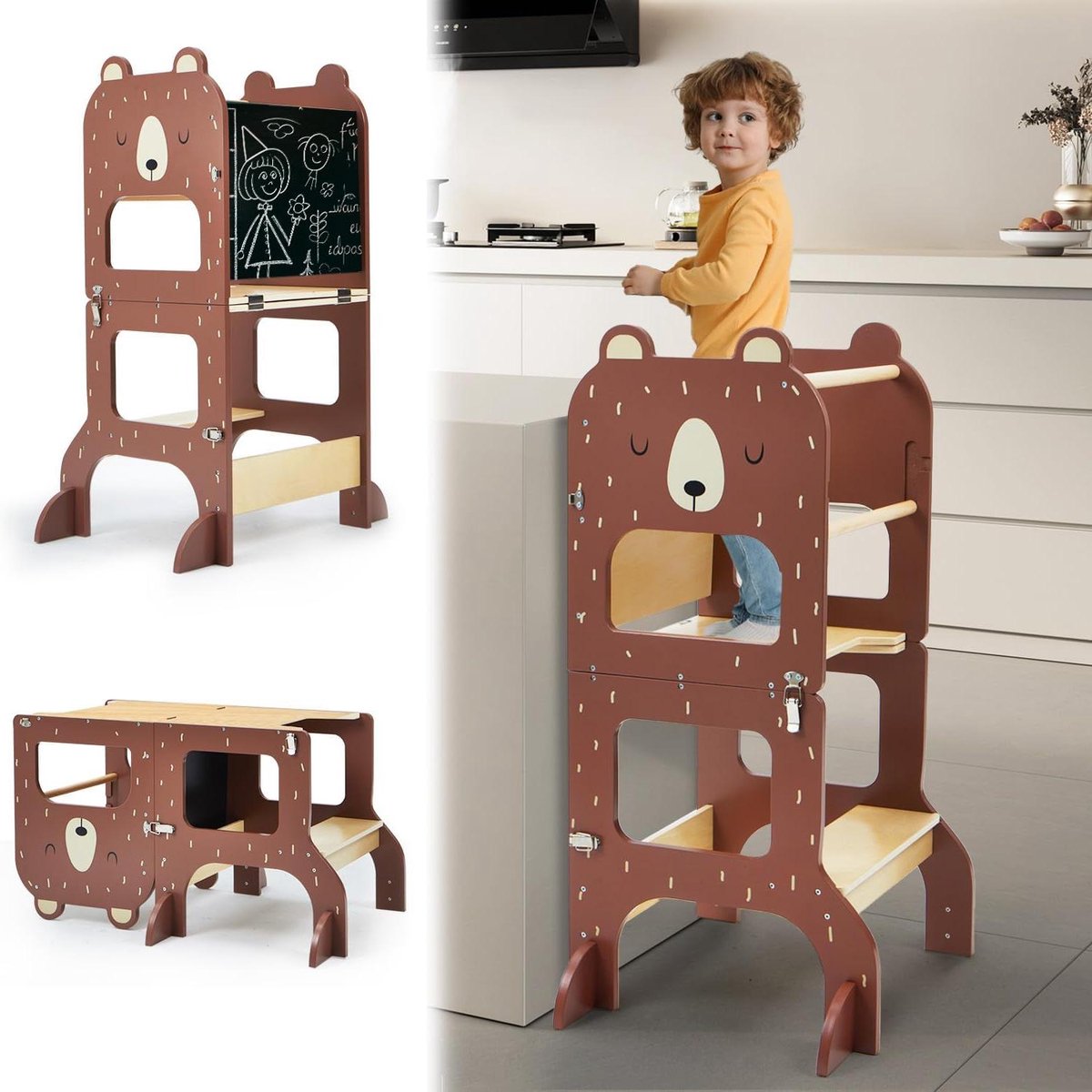Leertoren Inklapbaar - Keukentoren Montessori - Kinderen Helpen Keuken - 3-in-1 Multifunctioneel - 58 cm Diep - Bruin