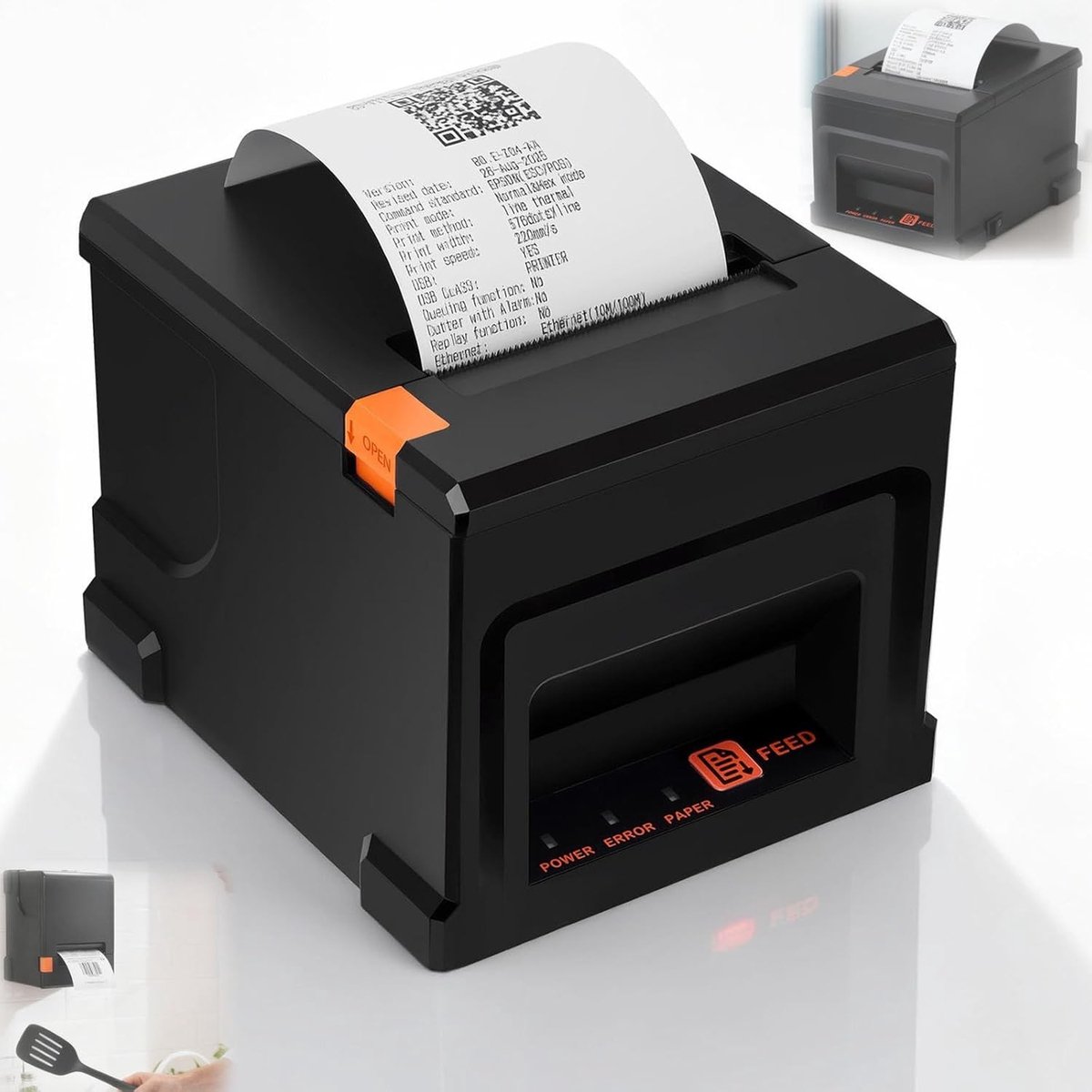 Draagbare thermische printer voor documenten, 80mm, met automatische snijder en USB/Ethernet-interface, compatibel met Windows, Mac en Linux