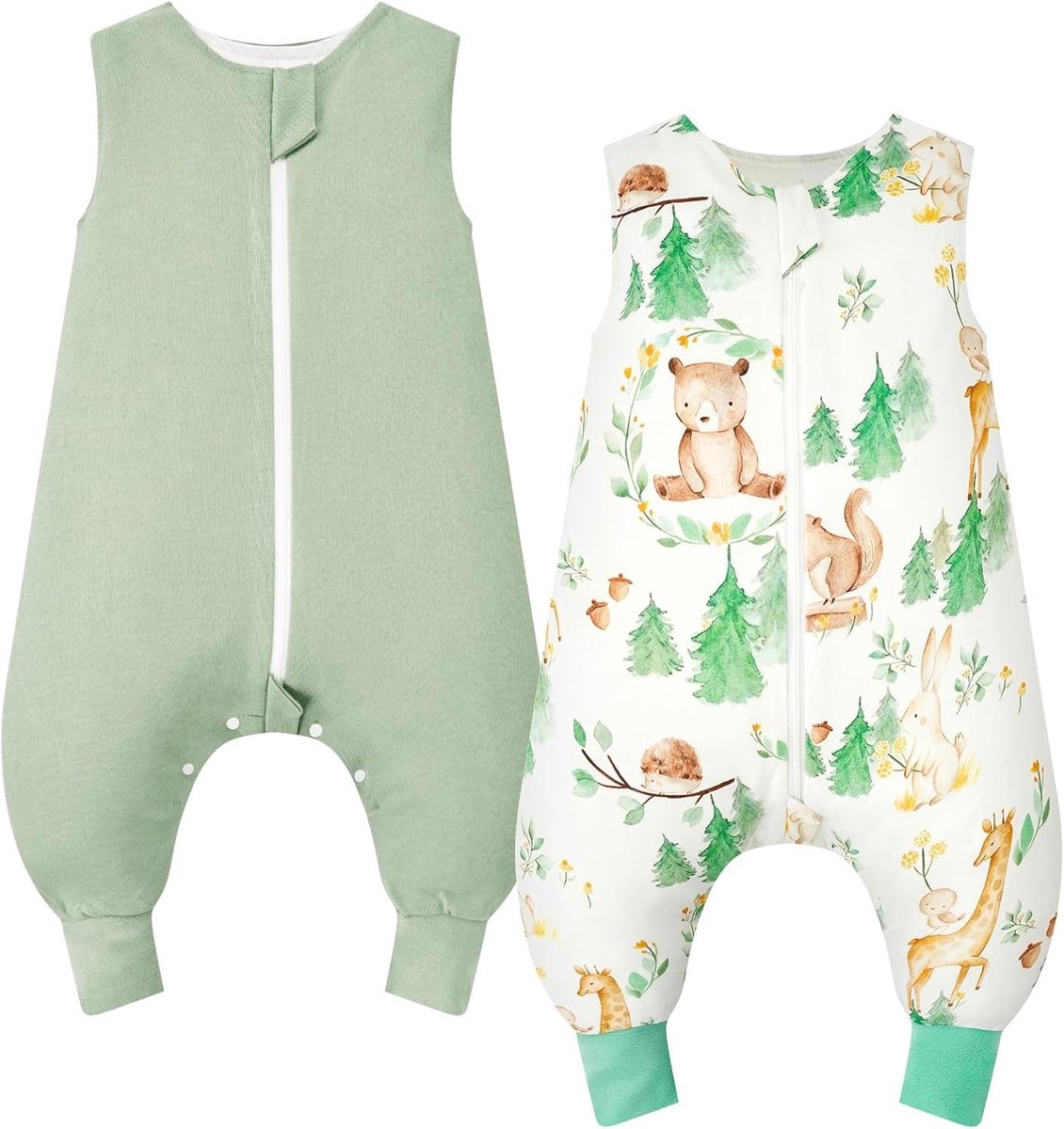 Slaapzak met Voeten, 1.0 Tog, Set van 2, 100% Katoen, Mouwloos, Geschikt voor Jongens en Meisjes, Bosdieren en Lichtgroen, 80 cm