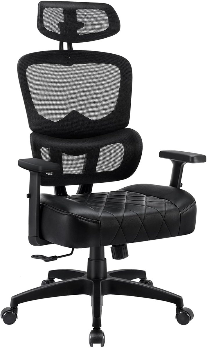 SnelShoppen - Ergonomische bureaustoel, kantelbaar, draaibaar, met lendensteun, hoofdsteun en armleuningen, computerstoel met hoge rugleuning, zwart,