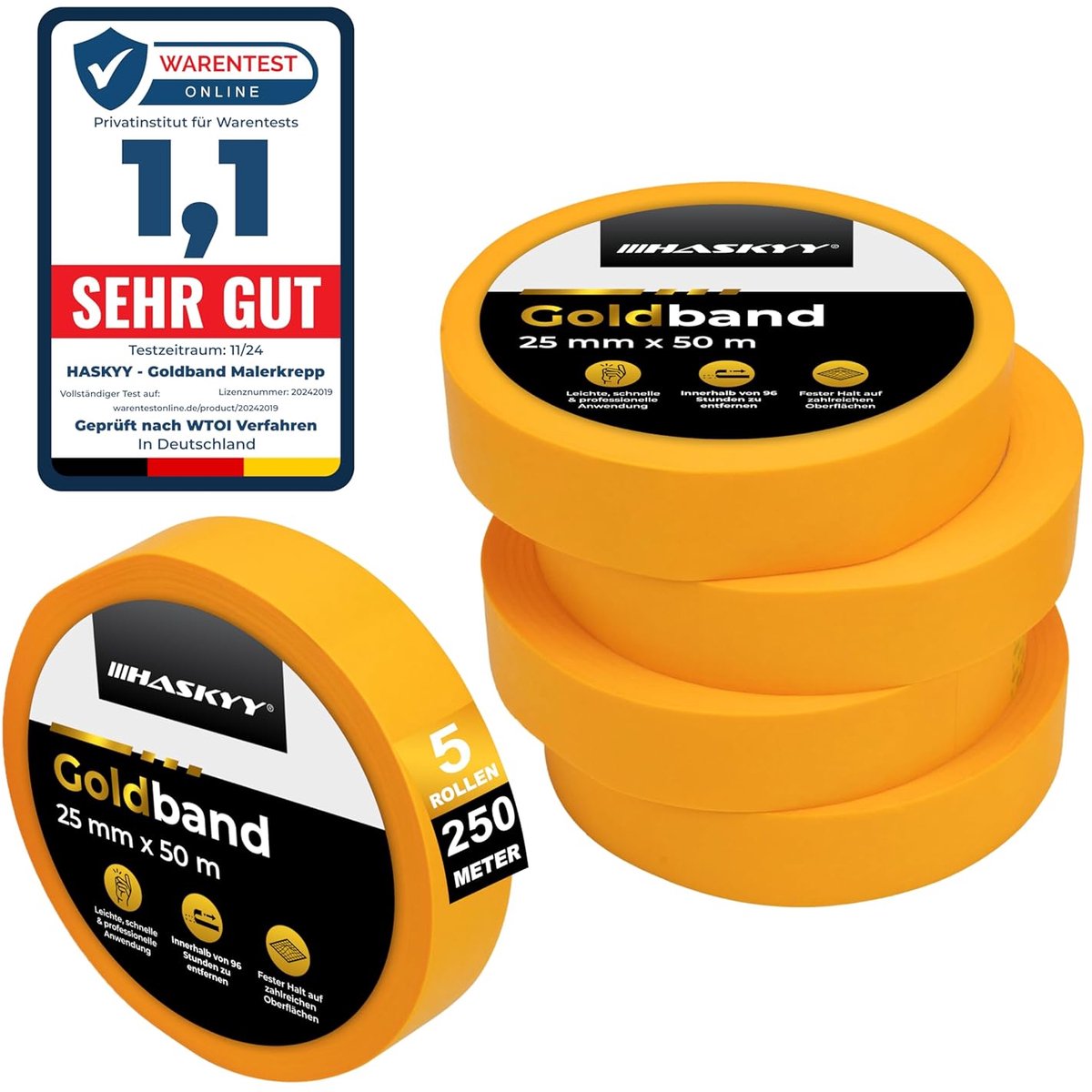 SnelShoppen - Afplakband schilderstape 5 rollen 25mm x 50m - Sterke zelfklevende tape met scherpe rand - Ideaal voor schilders, autospuiters en knutse