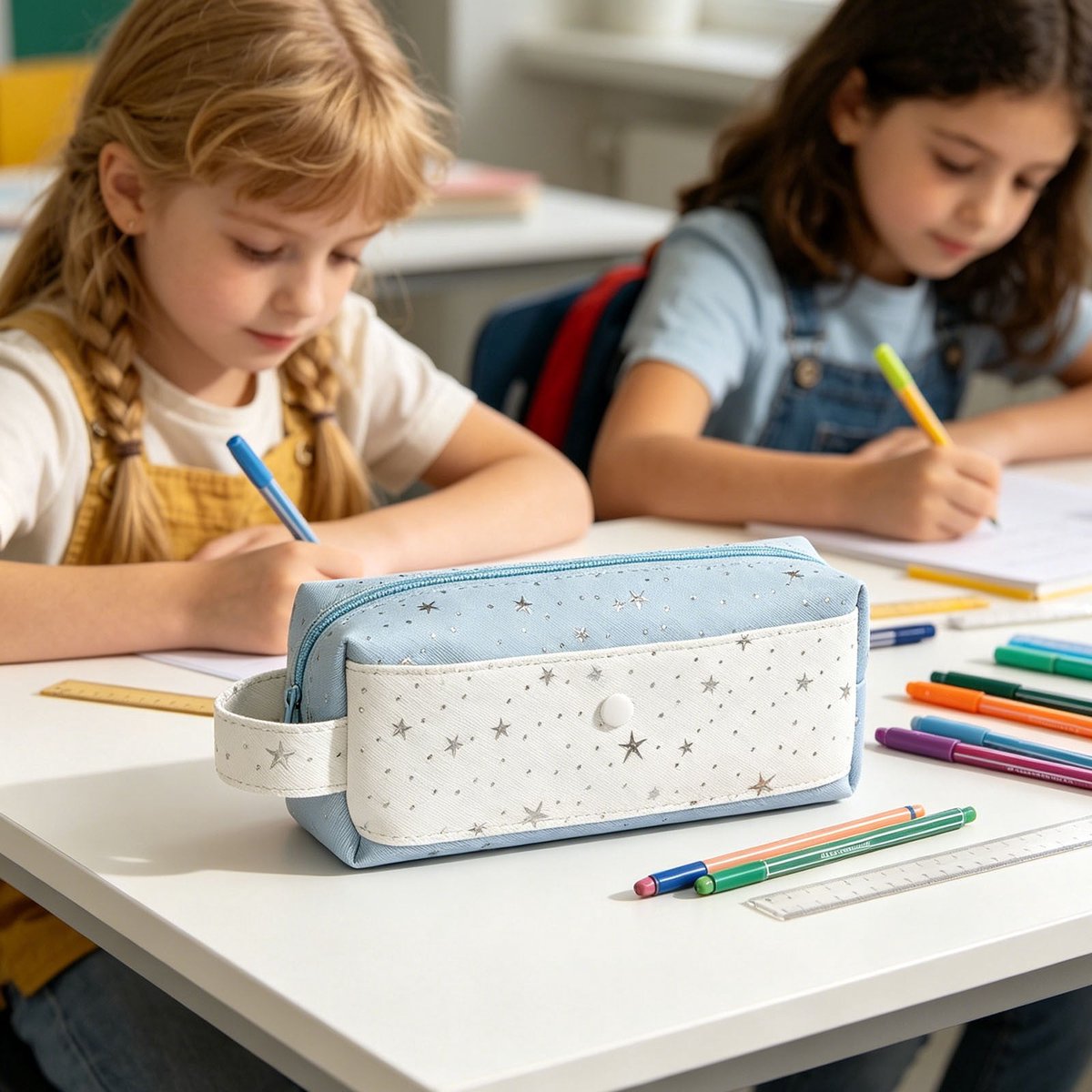LISM-Grote etui voor kinderen, meerlaagse stoffen schrijftas, draagbare etui, geschikt voor basisschoolleerlingen - blauw