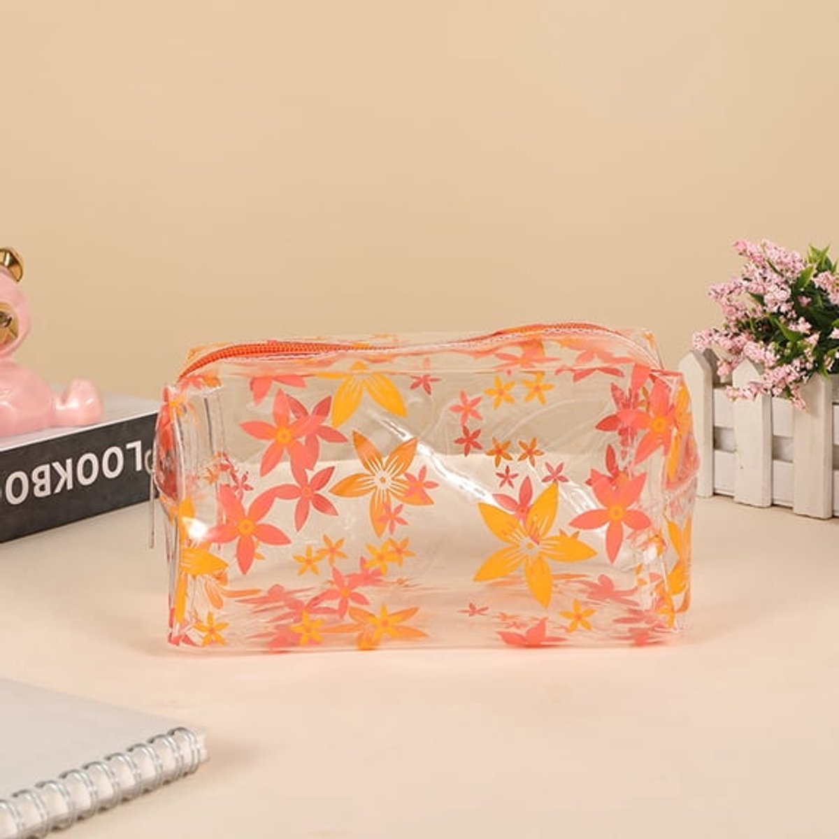 LISM-Transparant etui met handvat en ritssluiting, transparant etui voor potloden/markers, reismake-uptasje, schattige transparante organizer voor schrijfwaren - oranje