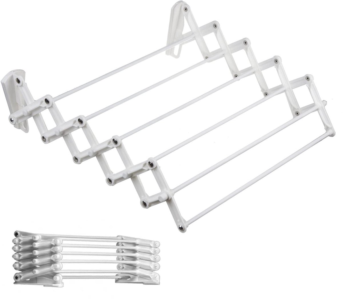 SnelShoppen - Telescopische Wandwasdroger - Accordeon Droogrek - Wandmontage - 7 Stalen Staven - Compact en Ruimtebesparend - Wit (70 cm)