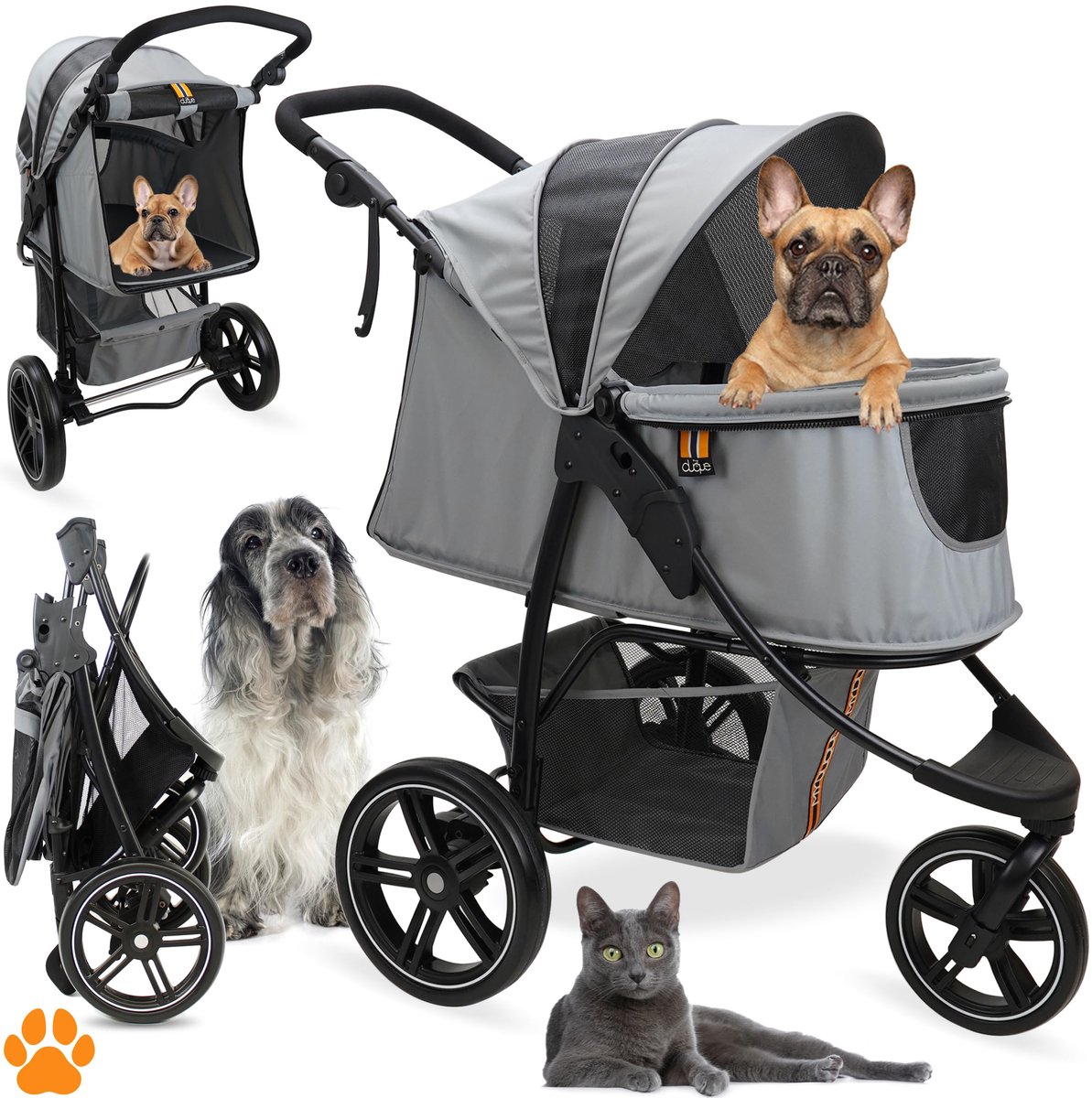 SnelShoppen - Hondenwagen en Huisdierbuggy tot 32 kg - Opvouwbaar, 3-voudig in Hoogte Verstelbaar, Modern Design, Reflecterend, Grijs met Opbergmand v