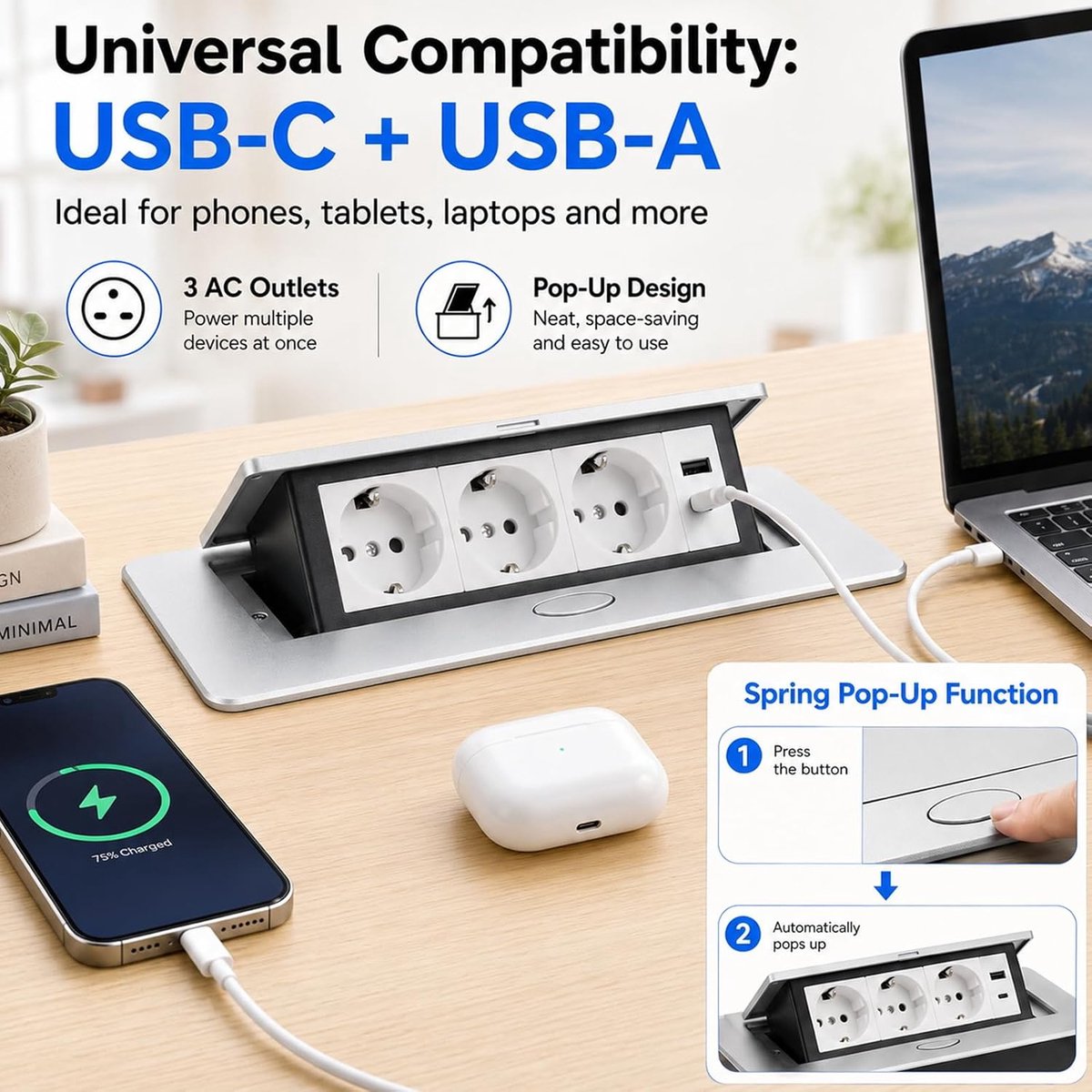 SnelShoppen - Inschuifbaar Stopcontact 3680W/16A/230V, 3-voudige Stekkerdoos, Intrekbare Pop-up Tafelstopcontact met 1,5m Kabel en 1m Type-C USB Snell