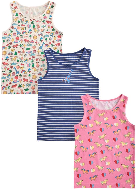 Set van drie hemdjes: wit met all-over prints, blauw-wit gestreept met giraf en roze met eenhoorn- en hartjesprint.