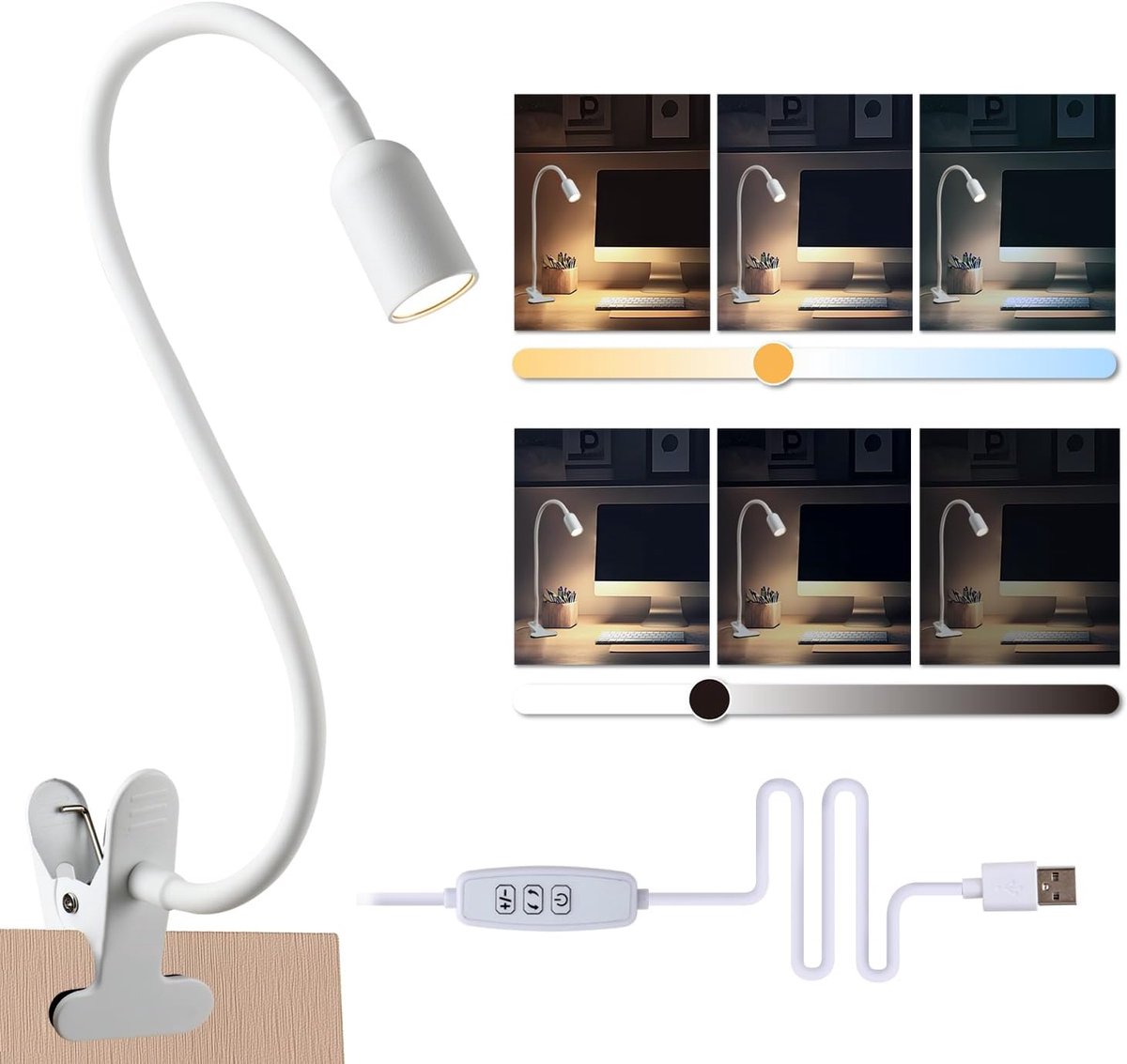 SnelShoppen - da LIGHT Leeslamp met Klem, LED Bureaulamp, Dimbare Klemlamp met 3 Kleurtemperaturen, USB Tafellamp met Kabel, Wit voor Studeren, Lezen