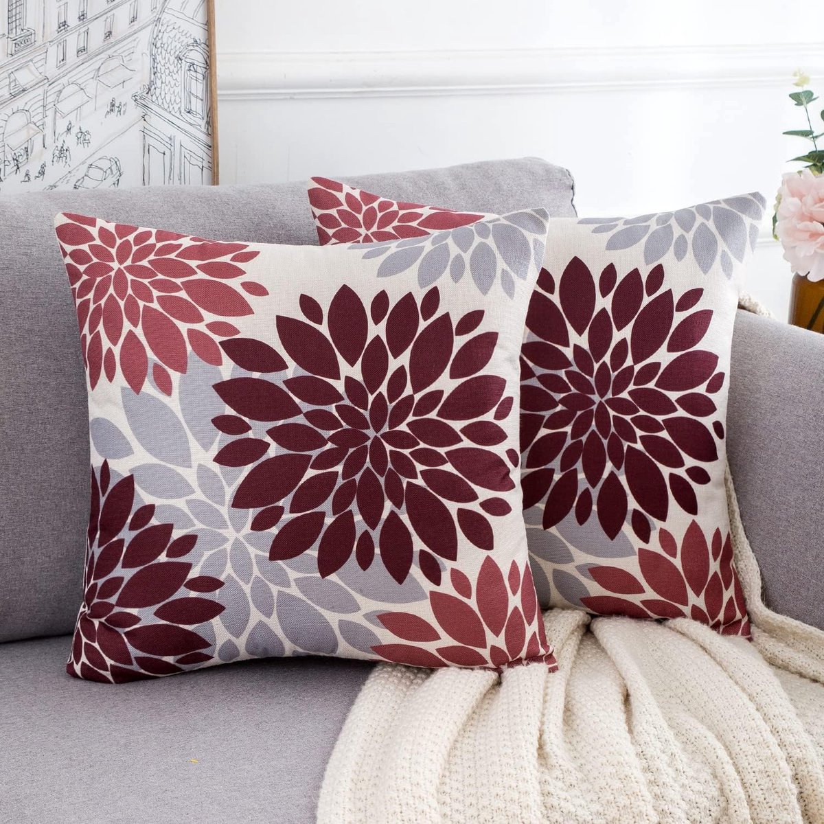 SnelShoppen - Set van 2 Decoratieve Kussenslopen 40x40 cm Rood en Grijs met Dahlia Bloemenpatroon voor Bank en Slaapkamer - Hoogwaardig Linnen, Ideaal
