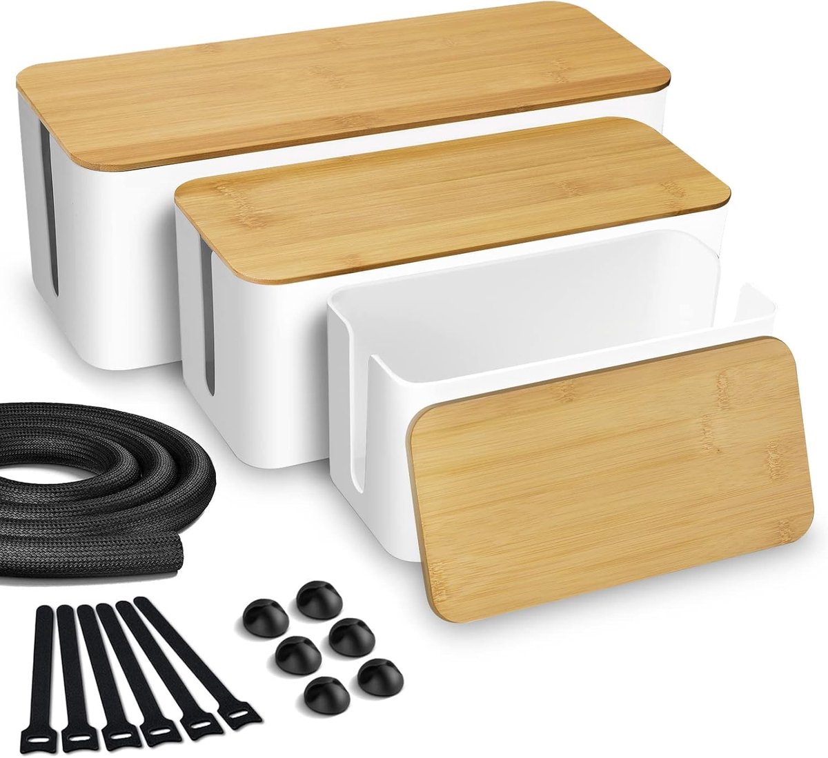 Lannvan Cable Box - Set of 3 ABS Plastic with Bamboo Lid - Desk Organizer to Hide Cables - ShopVlot