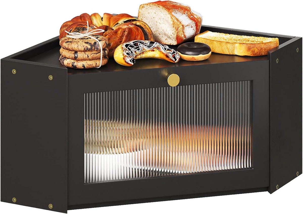 SnelShoppen - Hoekbroodtrommel voor Keuken, Bamboe Broodtrommel met Transparante Acryldeur, Zwarte Broodmand voor Keukenhoeken, Grote Broodtrommel in