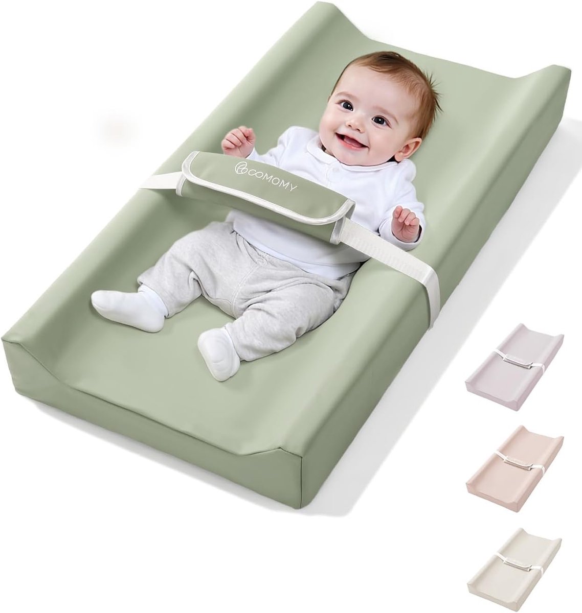 SnelShoppen - Baby Luier Mat, Vegan Leer, Wasbaar met Veiligheidsriem en Antislip Onderkant, Zachte Verschoonmat voor Verschoontafel en Tafel (Groen)