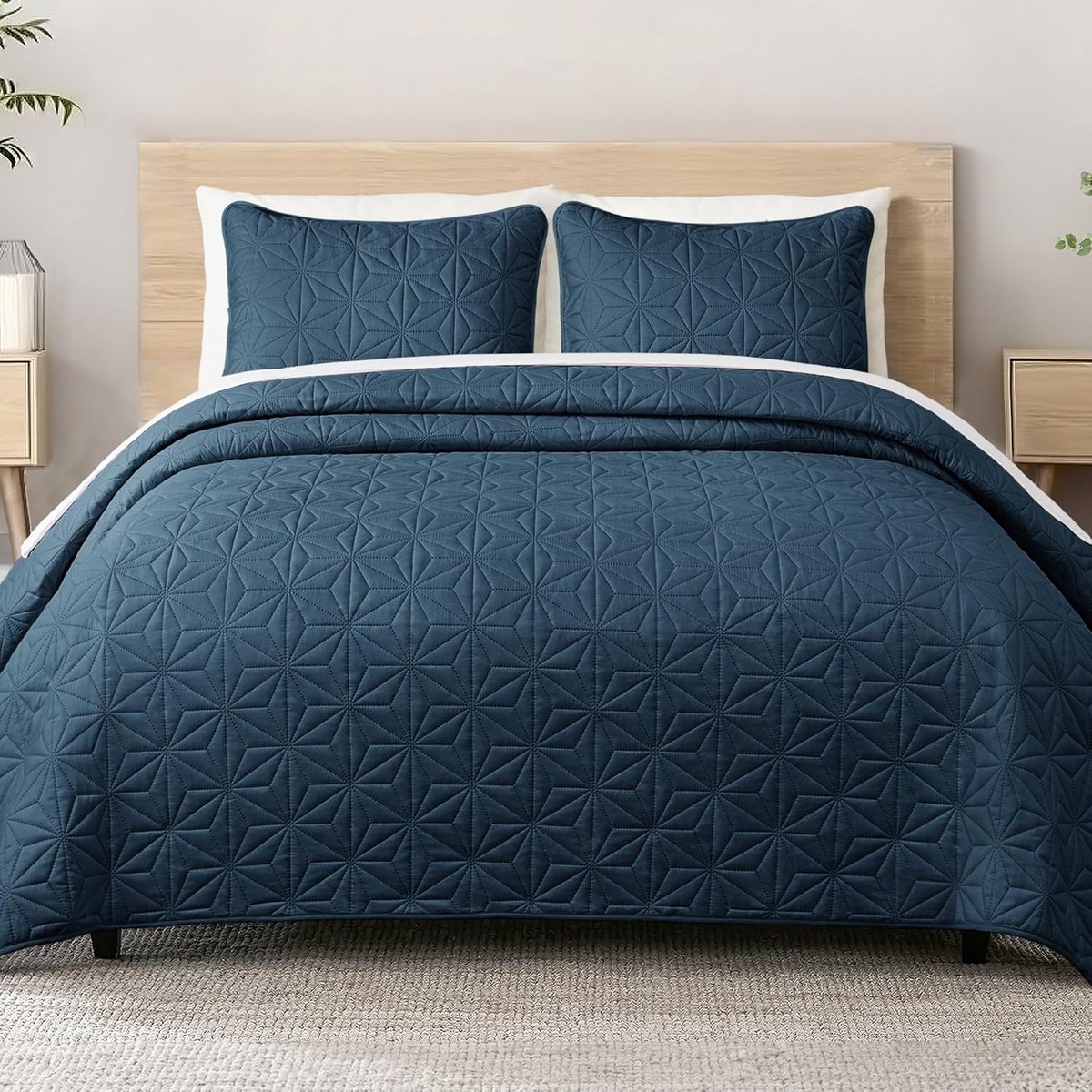 Bedsprei 220 x 240 cm - Marineblauw - Geometrisch patroon - Zacht en licht voor alle seizoenen - ShopVlot