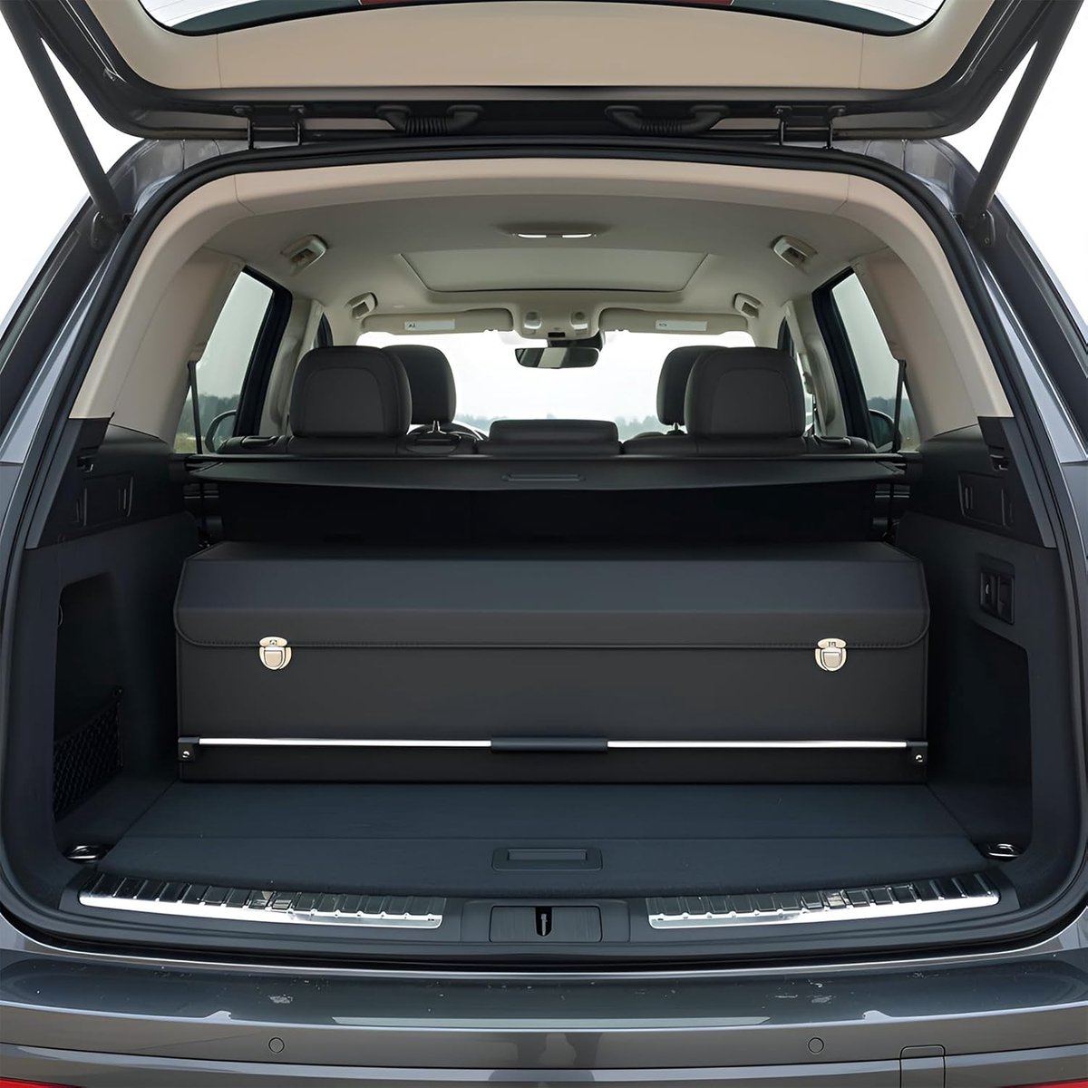Auto achterbak organiser - premium leer zwart 103 x 29 x 31 cm - met deksel - ruimtebesparend en stevig - ShopVlot