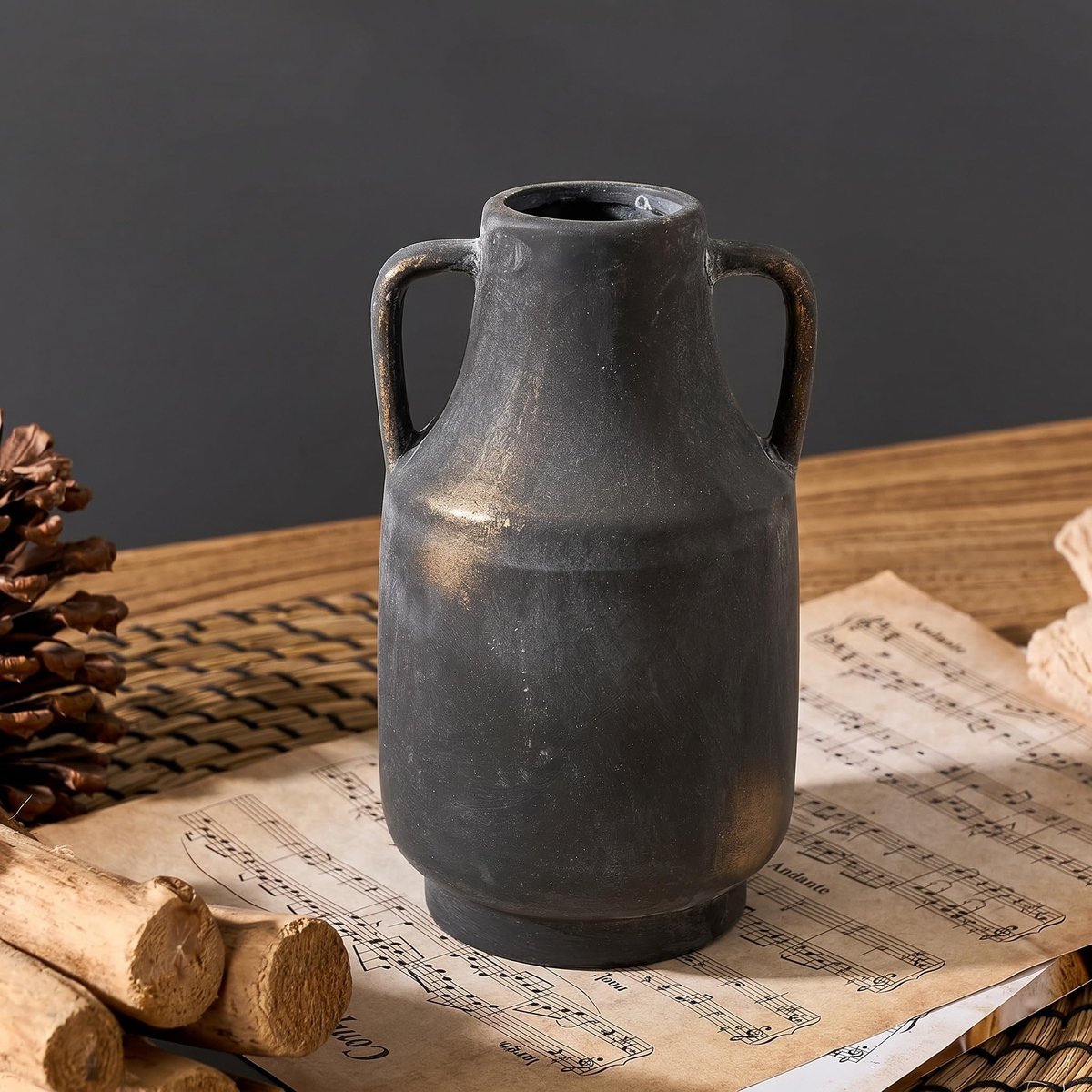 SnelShoppen - Grote keramische bloemenvaas met handgrepen, zwarte terracotta vaas voor rustieke huisdecoratie, vintage vaas voor woonkamer, keuken, sl