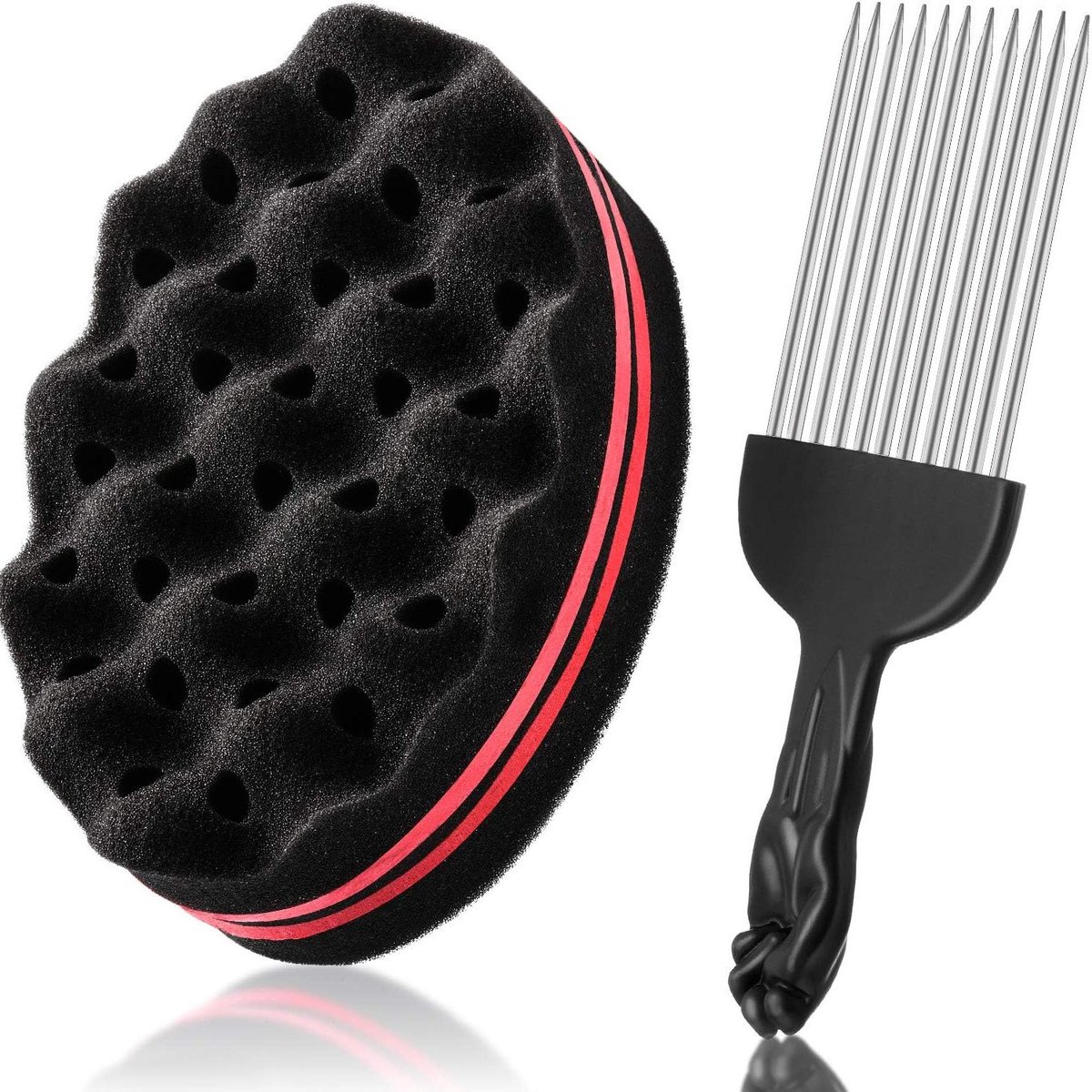 Haarsponsborstel en kam - Twist tool - Haar stylen - Set van 2 - ca. 15 cm - Zwart