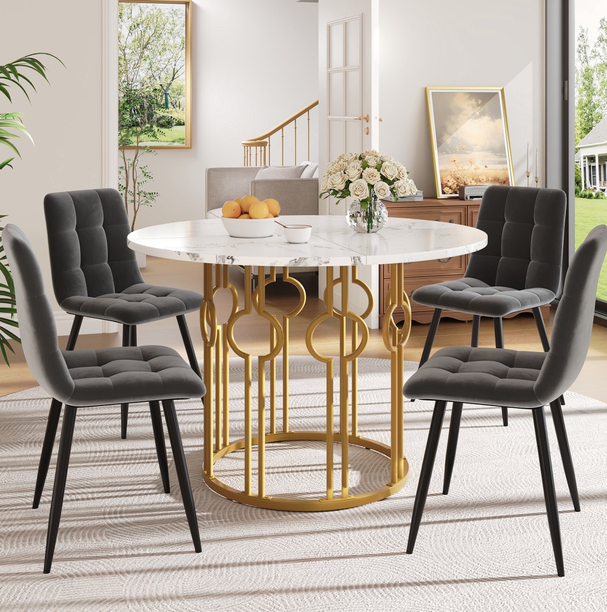 COVREO Eettafelset 100x100x76 cm, wit goud metaal 4 donkergrijze stoelen