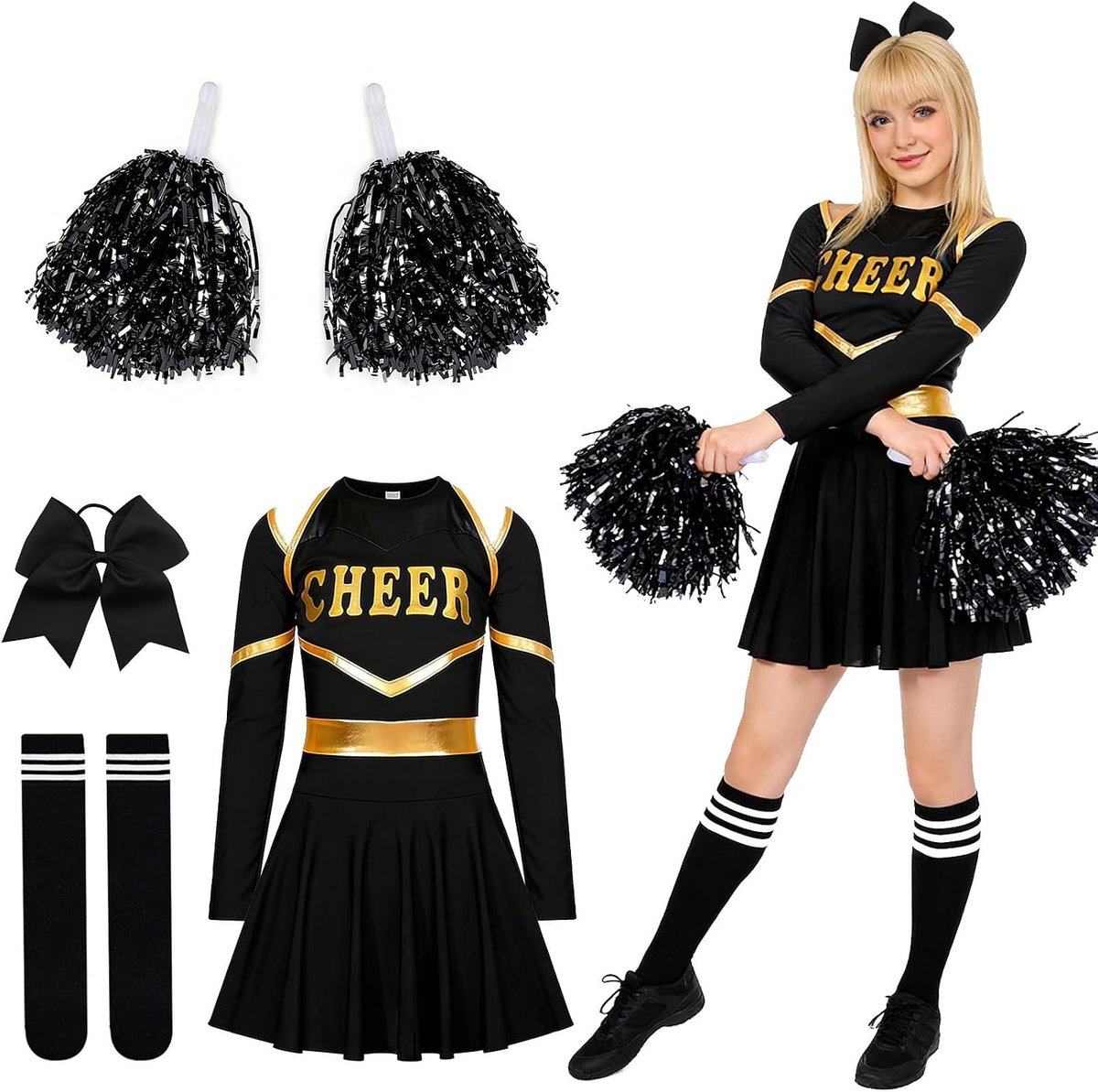 Vrouwelijk Cheerleader Kostuum met Pompoms, Haarband en Kousen voor Carnaval en Feestjes