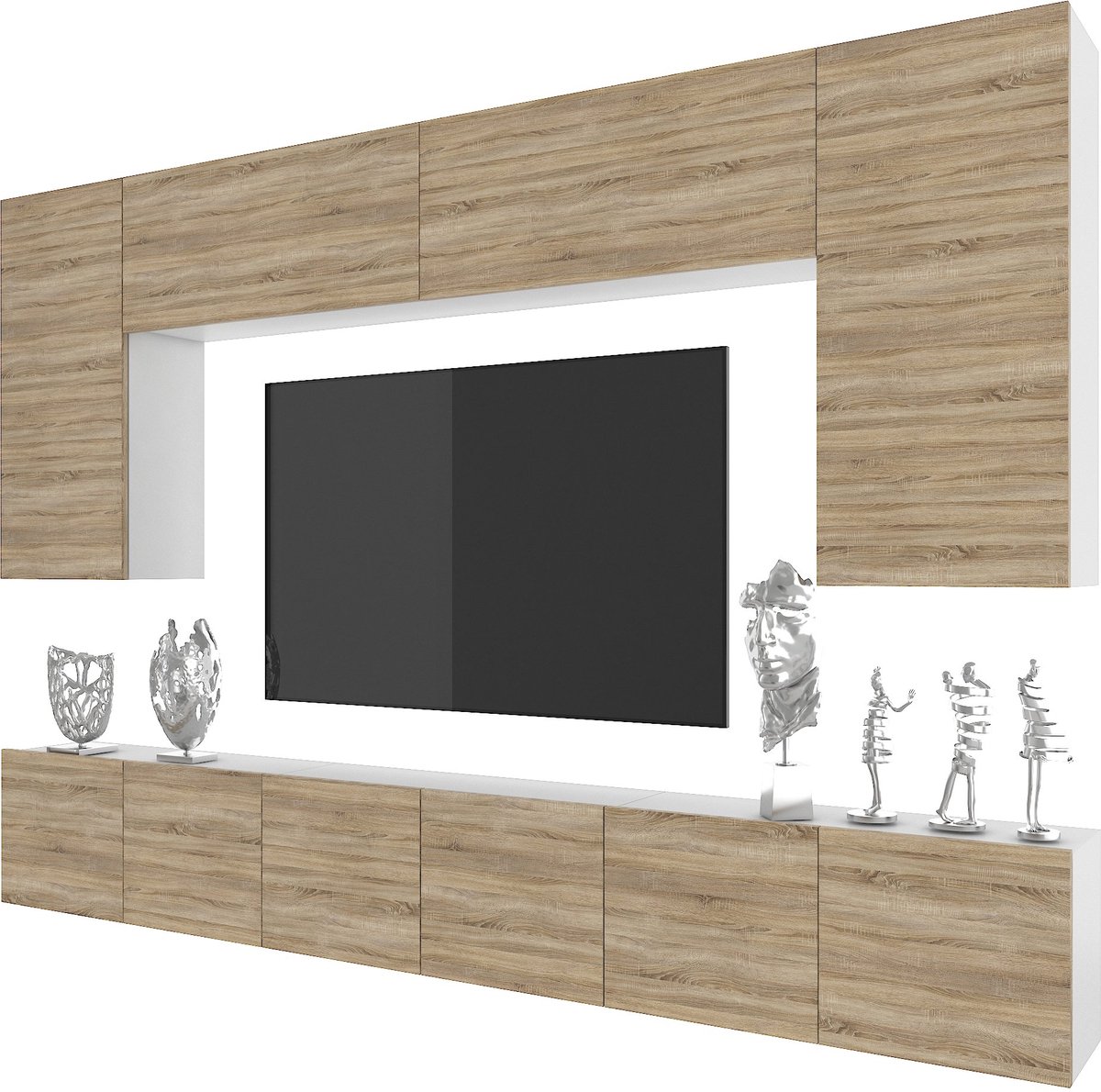 BELINI Wandmeubel Milano 2 300 cm Sonoma Eiken Mat - TV-Wand Greeploos - Moderne Woonwand met Gasliftsysteem - Modulair TV-Meubel