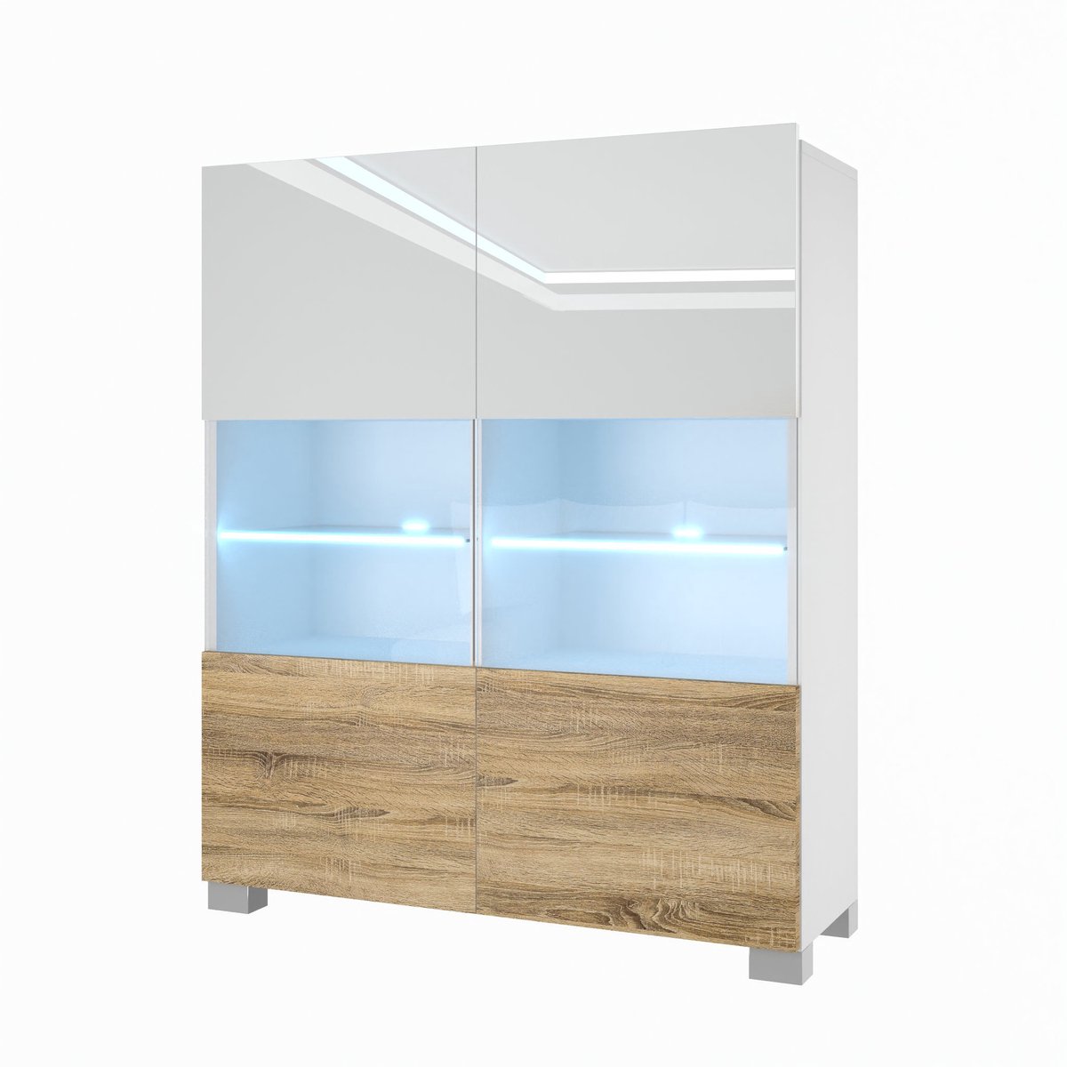 BELINI Vitrinekast met LED-verlichting - Hoge Kast Wit/Sonoma Eiken - Greeploos Woonkamermeubel met Zacht Sluitend Systeem - Modulair Design