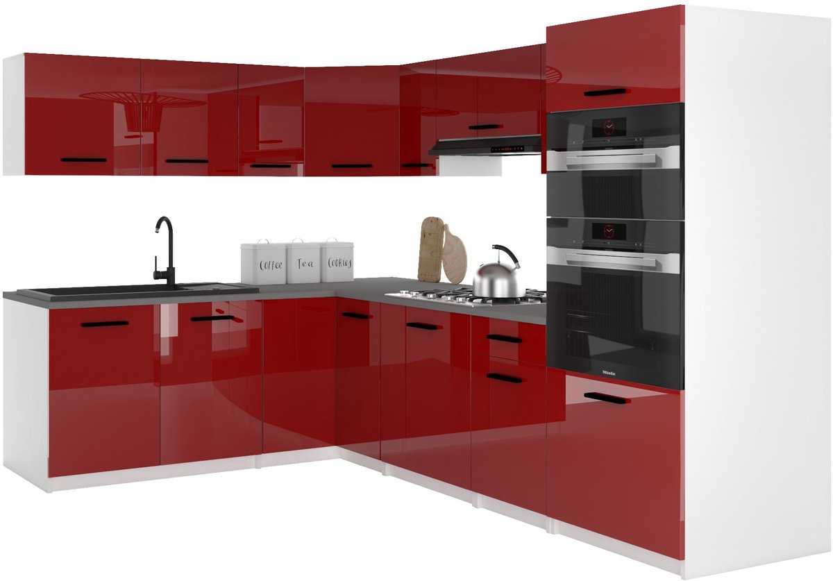 BELINI Keukenblok ITALIA 8 - Keukenmeubel Set 420 cm Rood met Werkbladen - Boven- en Onderkasten