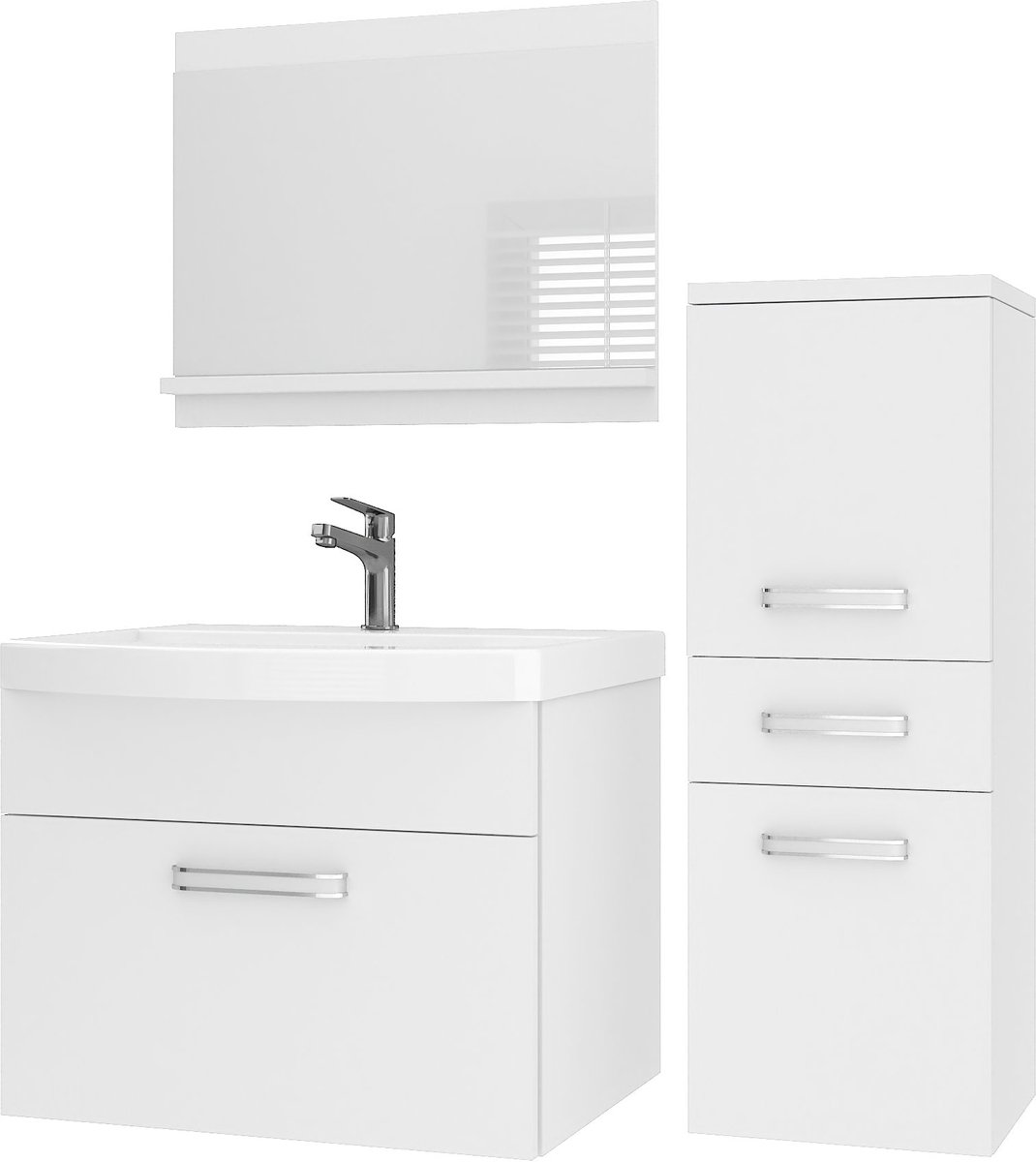BELINI Badkamermeubel Set PRI M2 - Badmeubelset 90 cm Wit Mat met Wastafel en Spiegel - Wandmontage