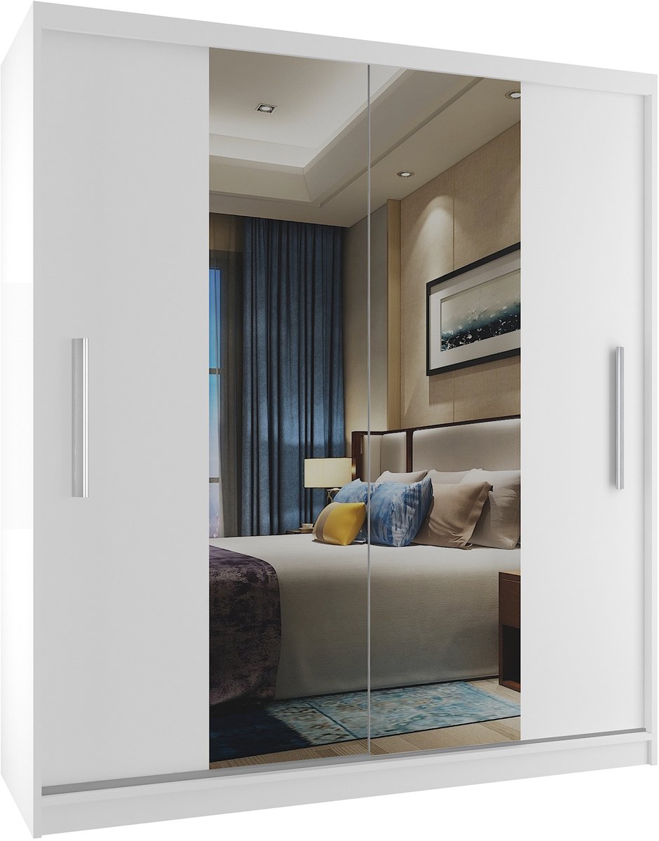 BELINI Verona ME Schuifdeurkast 133 cm Wit Mat - Kledingkast met Spiegel - Comfort Line Slaapkamerkast