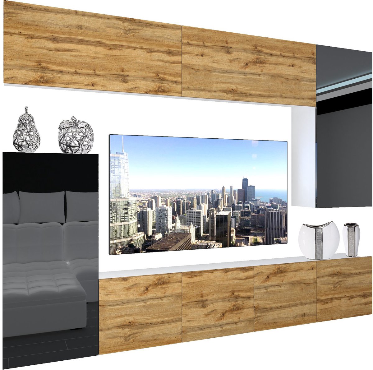 BELINI Wandmeubel NEX 8 - TV-Wandkast Set met LED-Verlichting Wotan Eiken / Zwart - Hoogglans Fronten