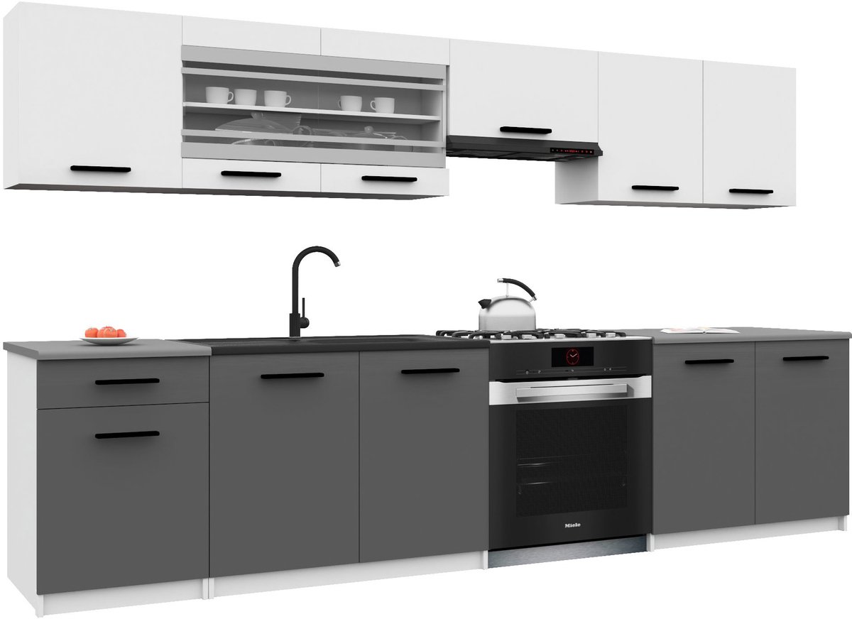BELINI Keukenblok ITALIA 4 - Keukenmeubel Set 260 cm Wit-Grijs Mat met Werkbladen - Boven- en Onderkasten