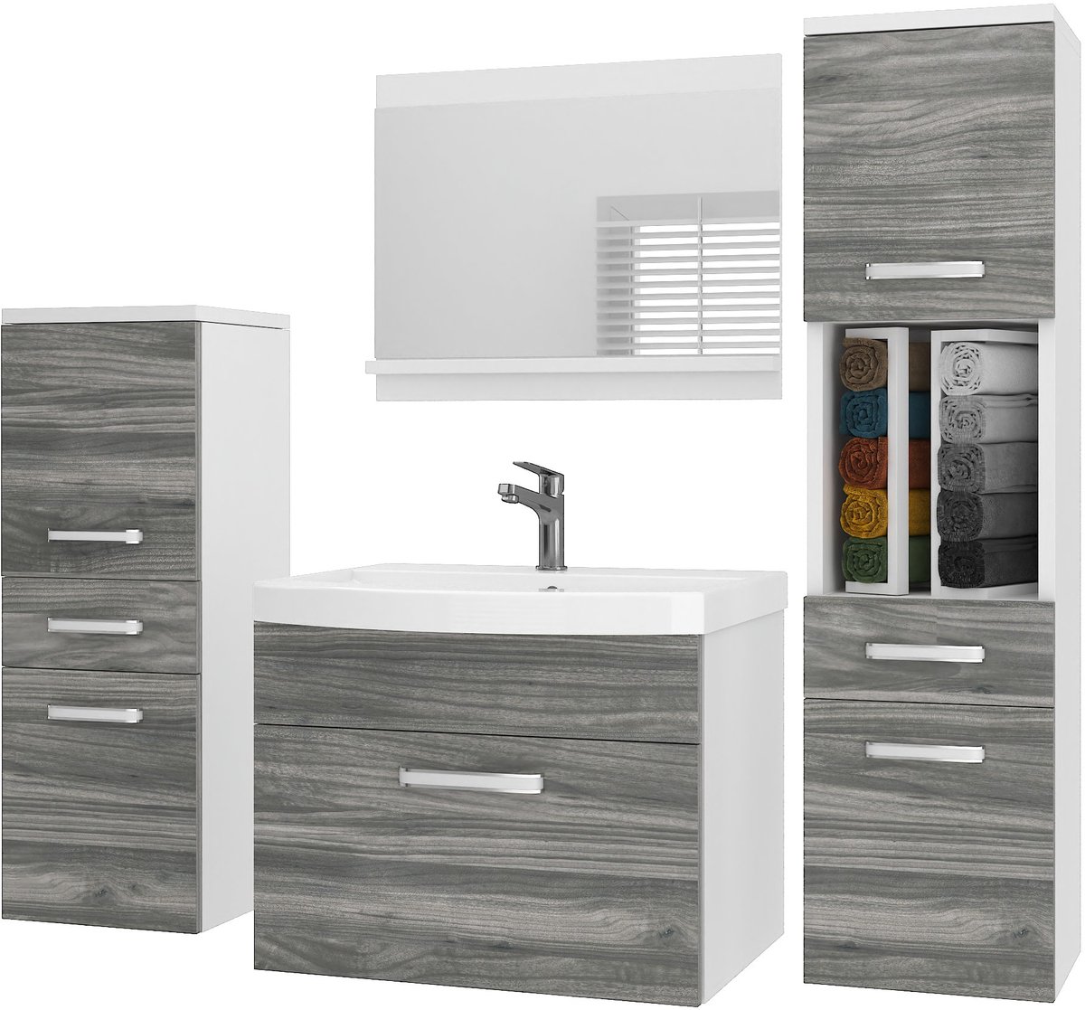 BELINI Badkamermeubel Set PRI M5 - Badmeubelset 120 cm Glamour Hout Mat met Wastafel en Spiegel - Wandmontage