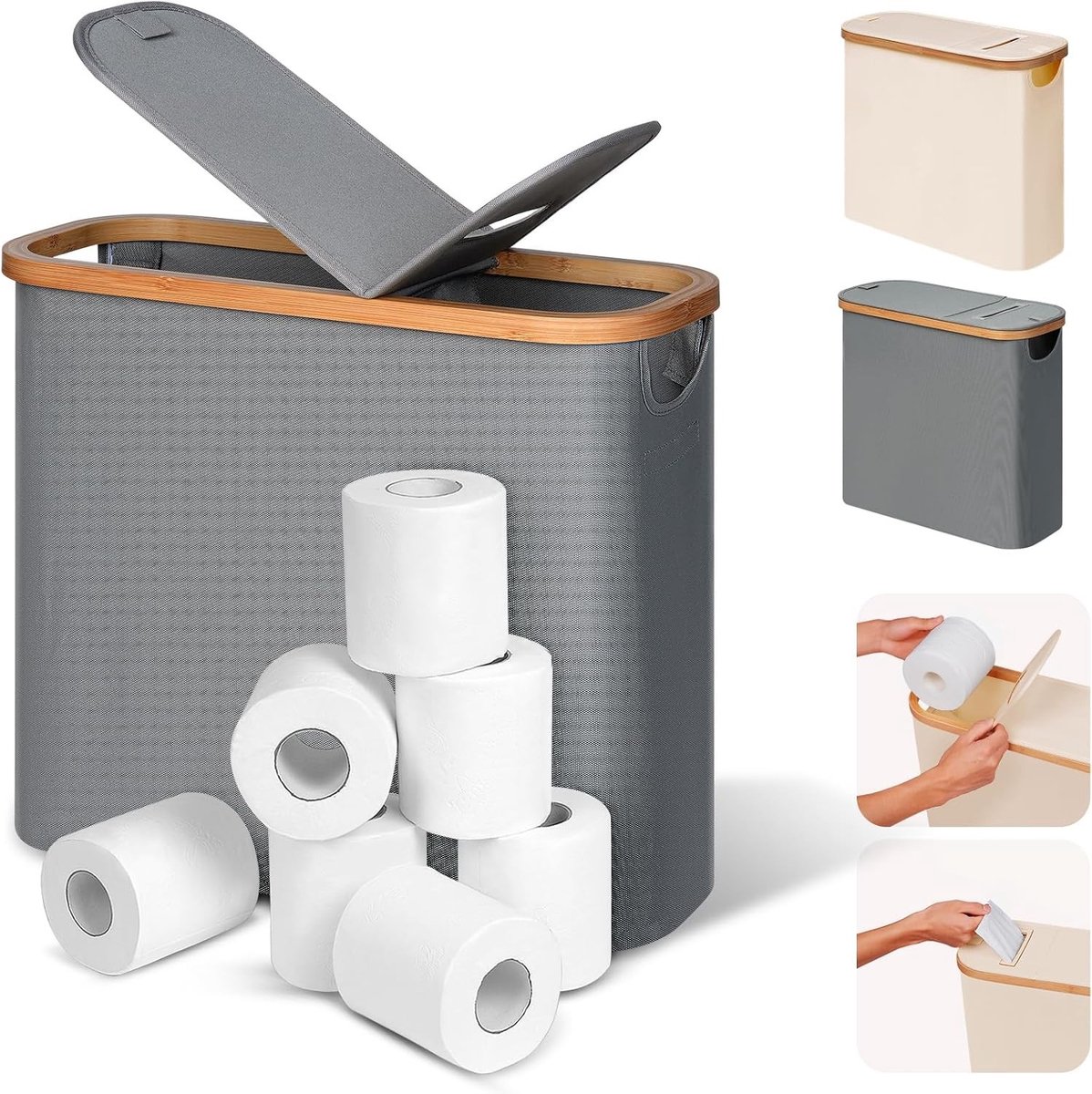 28L 2-in-1 Toiletpapier Mand met Deksel - Bamboe Opbergmand voor Badkamer, Geschikt voor 9-12 Rollen Toiletpapier, Grijs en Ruimtebesparend