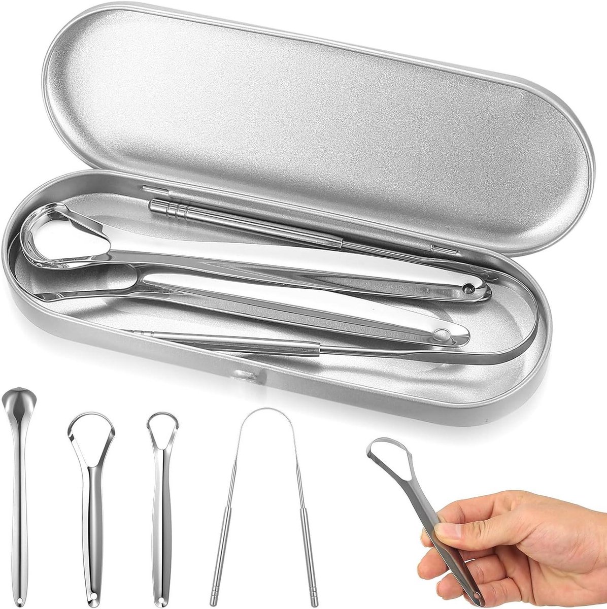 Metalen tongschrapers - Tongreinigers set - Mondhygiëne verbeteren - 4 unieke stijlen - 4 stuks - Zilverkleurig