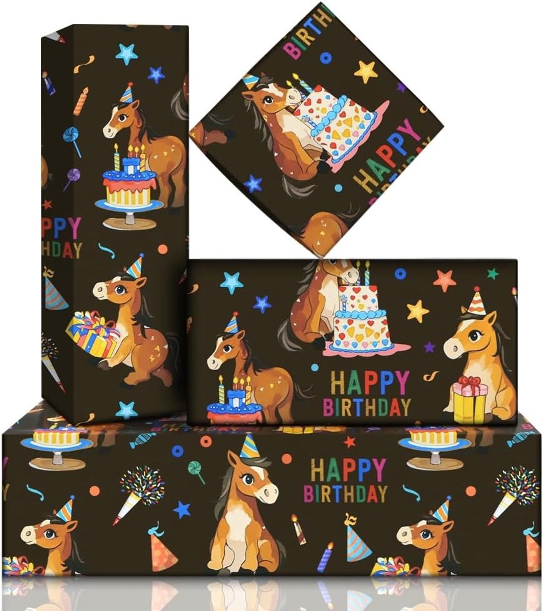 Verjaardagscadeau inpakpapier met kleine bruine paarden en feestelijke accessoires, 6 vellen, ideaal voor dieren- en boerderijthema feesten