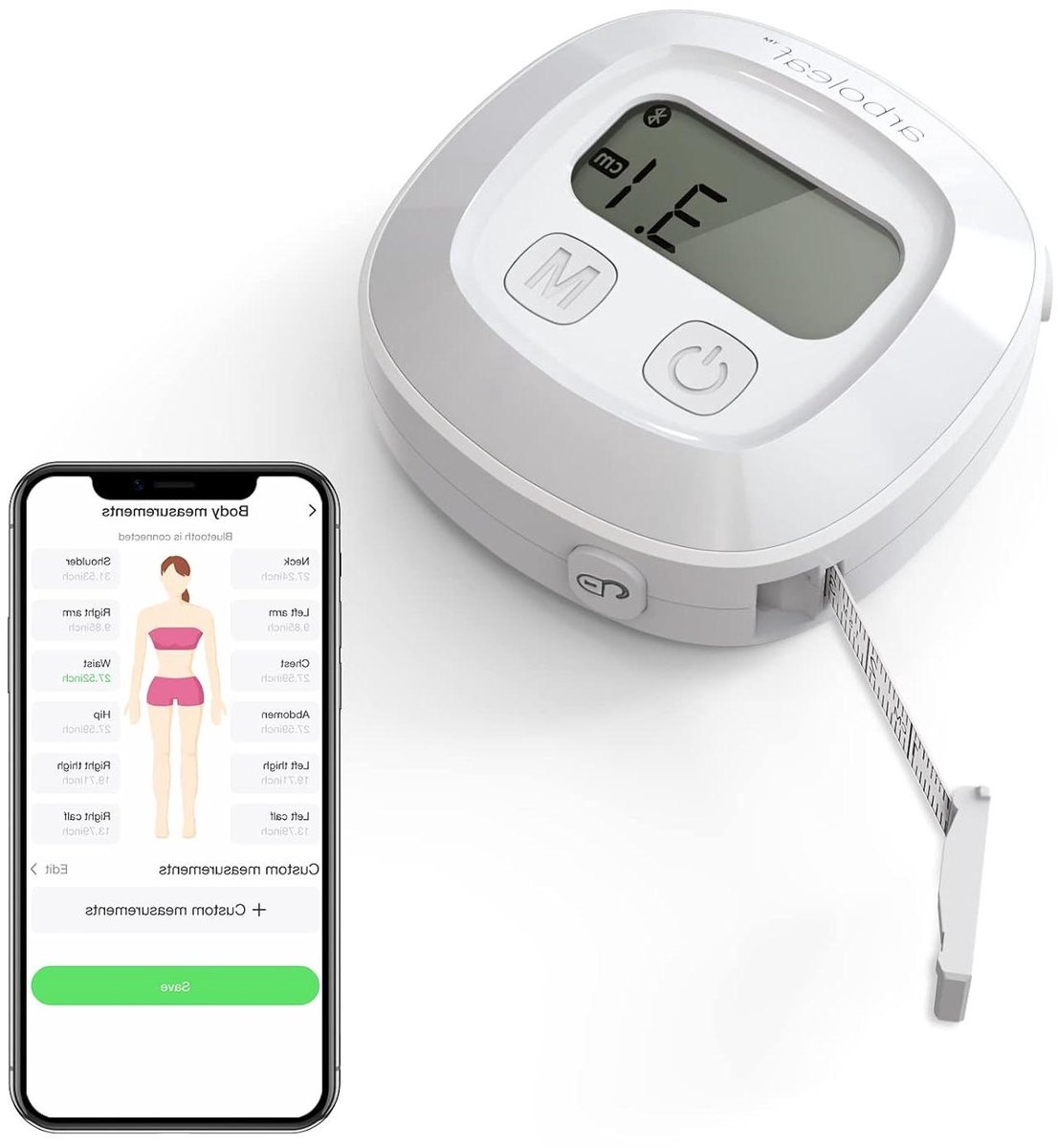 Slimme Lichaamsomtrek - Meetlint App - Voortgang Bijhouden - Bluetooth Upload - 150 cm - Wit