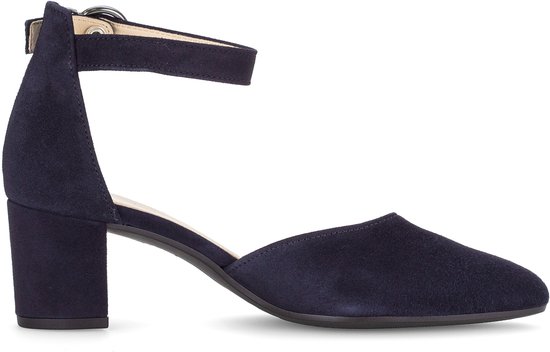Peeptoe bleu marine en daim Gabor avec bride à boucle à la cheville et talon bloc.
