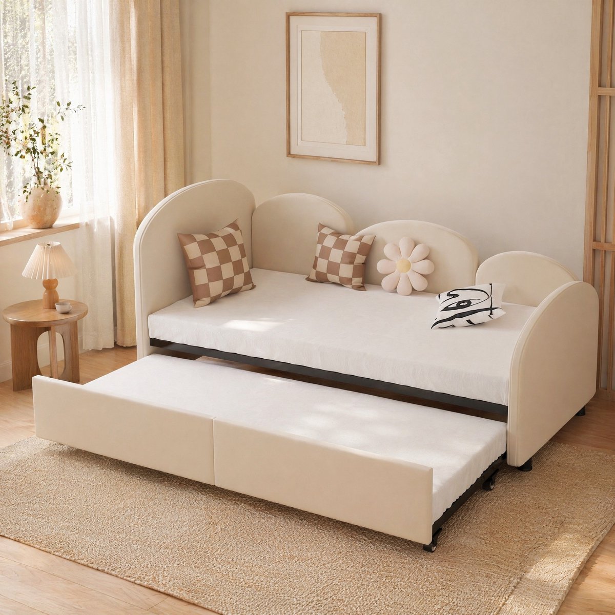 COVREO Kinderbed met bloemvorm en veiligheidsrand – 90x200 cm – Bedframe met lade en velours – voor kinderkamer – Beige - zonder matras