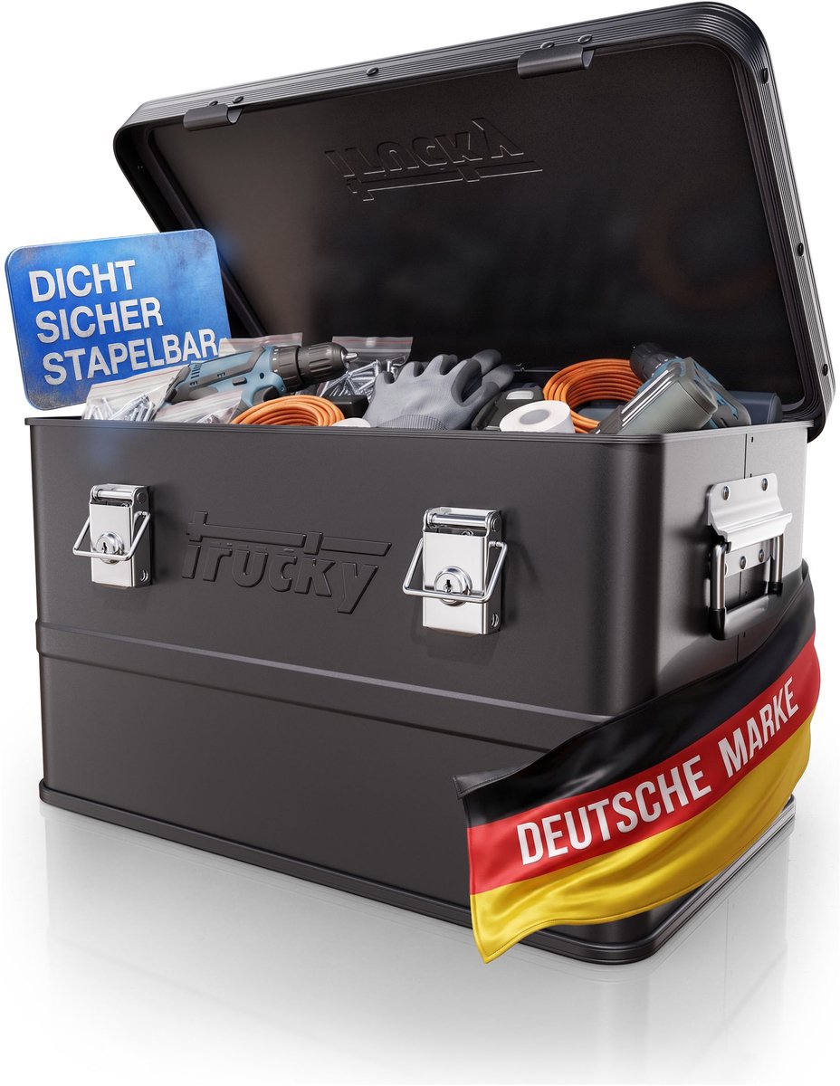 Aluminium kist met deksel – Selectie: Zwarte aluminium kist, transportkist, metalen kist, opbergcontainer – Afsluitbare metalen kist Trucky