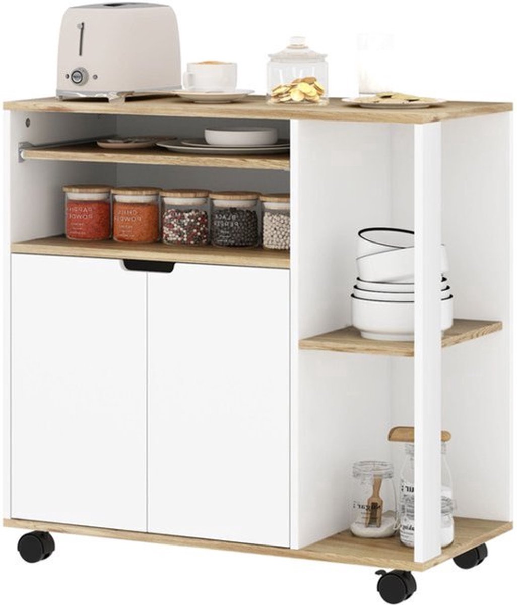 Serveerwagen – Keukentrolley – Keukenwagen – Serveerkar – Roltafel – Verstelbare Planken – 80x40x82 cm – Naturel Hout & Wit