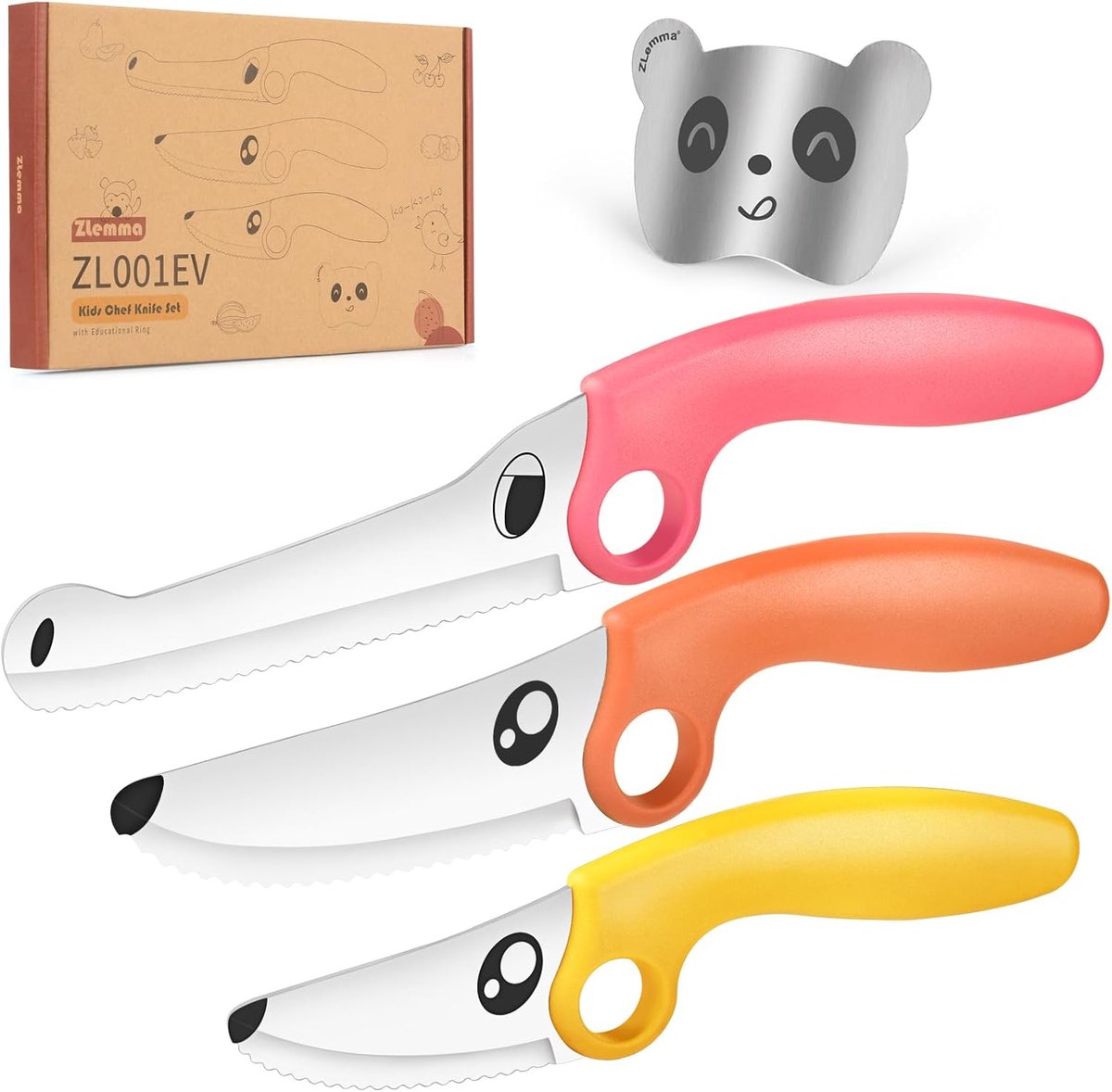 SnelShoppen - 4-delige Kindermessen Set met Lederen Ring en Panda Vingerbeschermer - Roze Kinderen Keuken Messen Set van RVS voor Veilig Koken en Lere