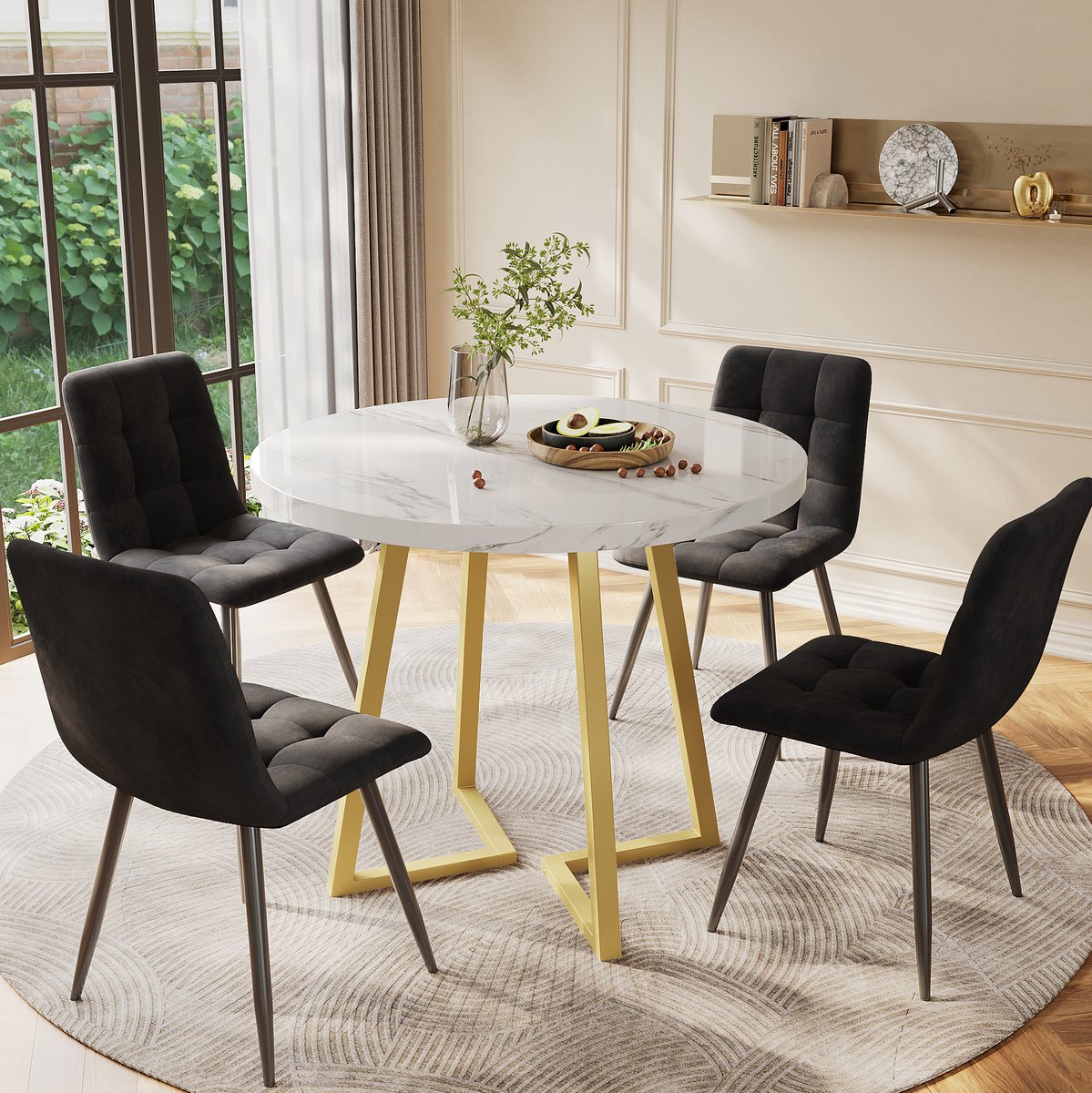 COVREO Set tafel en stoelen 80 cm, wit zwart goud, metalen frame, 4 stoelen