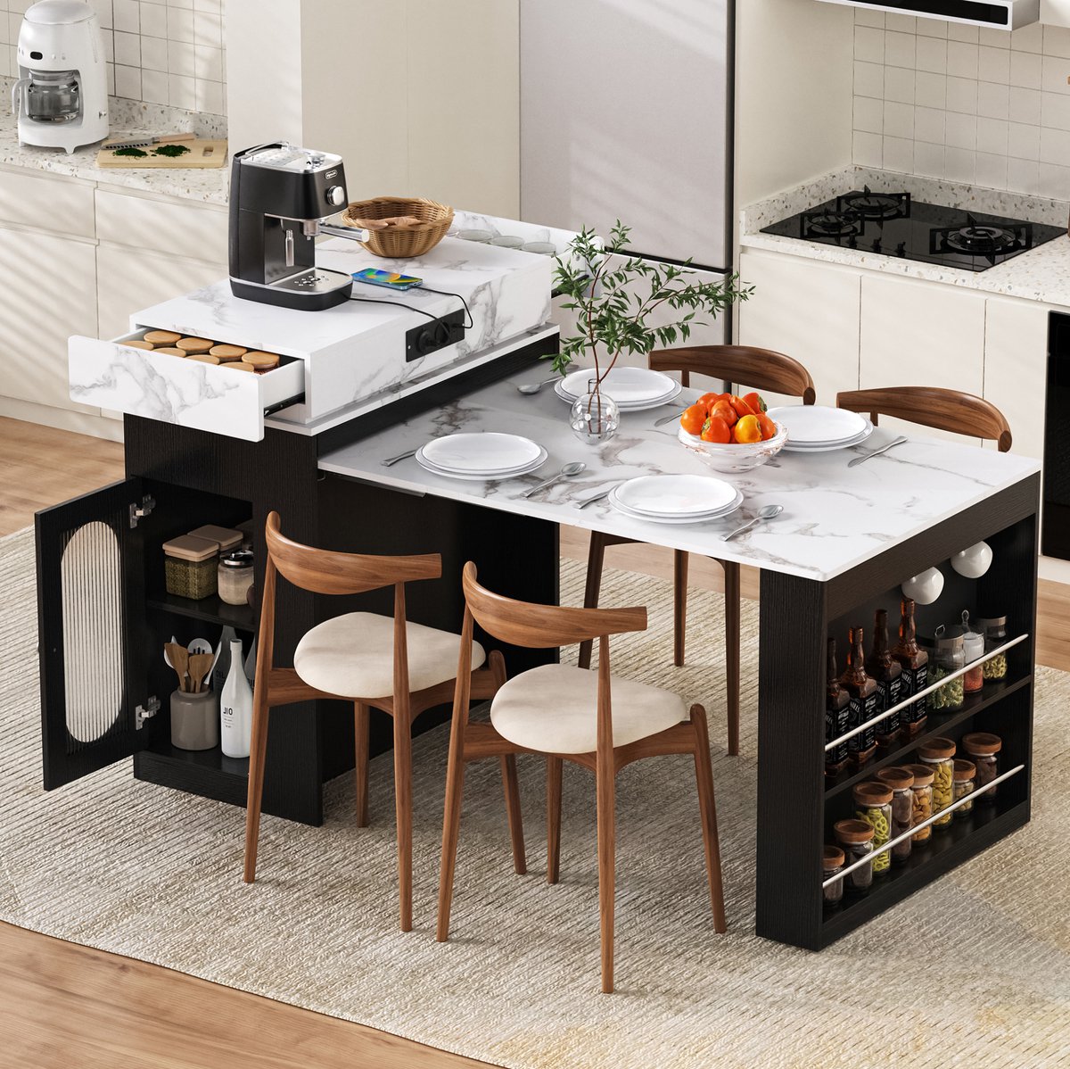 COVREO Eettafel 83x46x96 cm zwart, MDF met opbergruimte en stopcontact