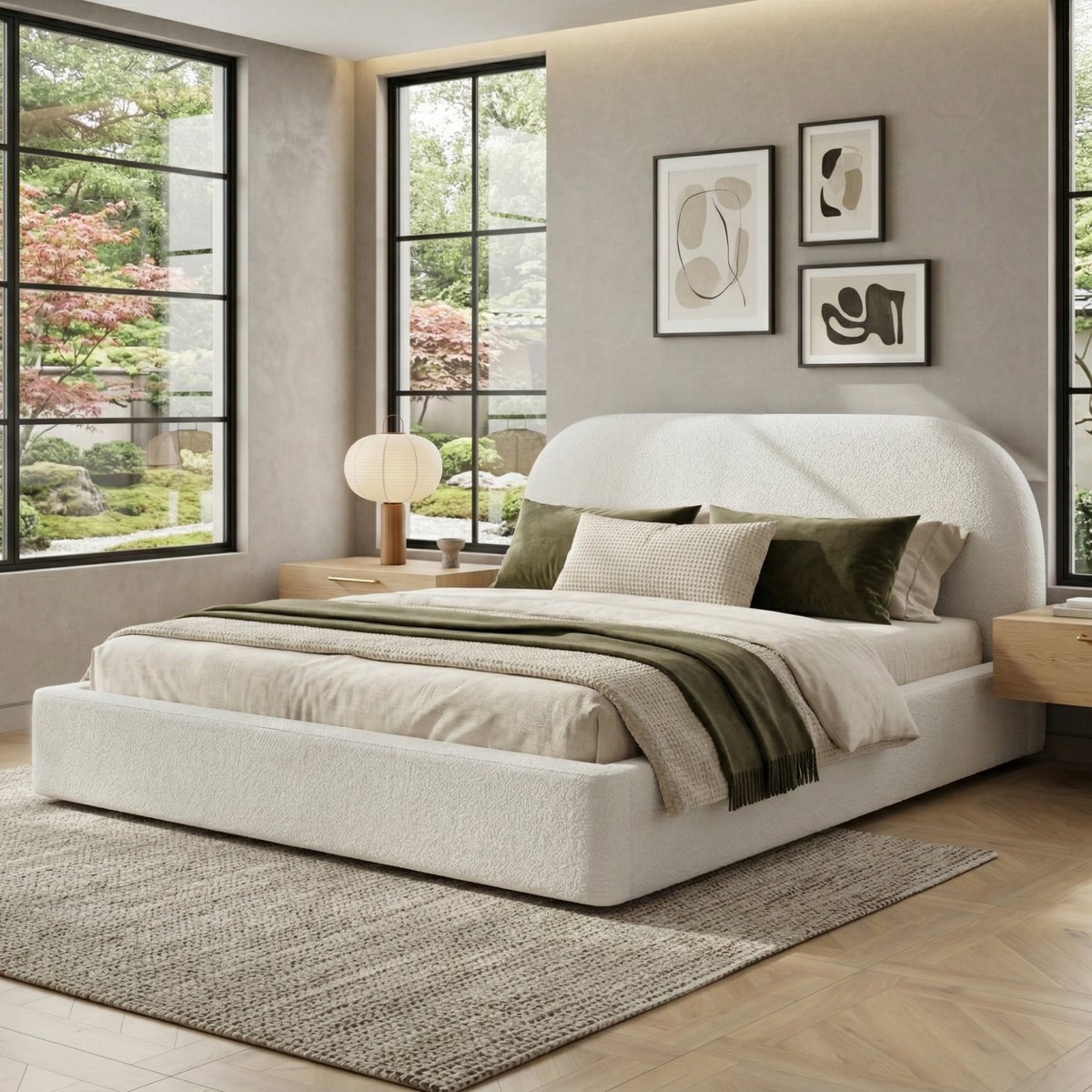 DESMIU Gestoffeerd Bed 180x200 cm – Tweepersoonsbed Met Gewatteerd Hoofdbord – Met Lattenbodem – Zonder Matras – Bouclé Stof – Beige