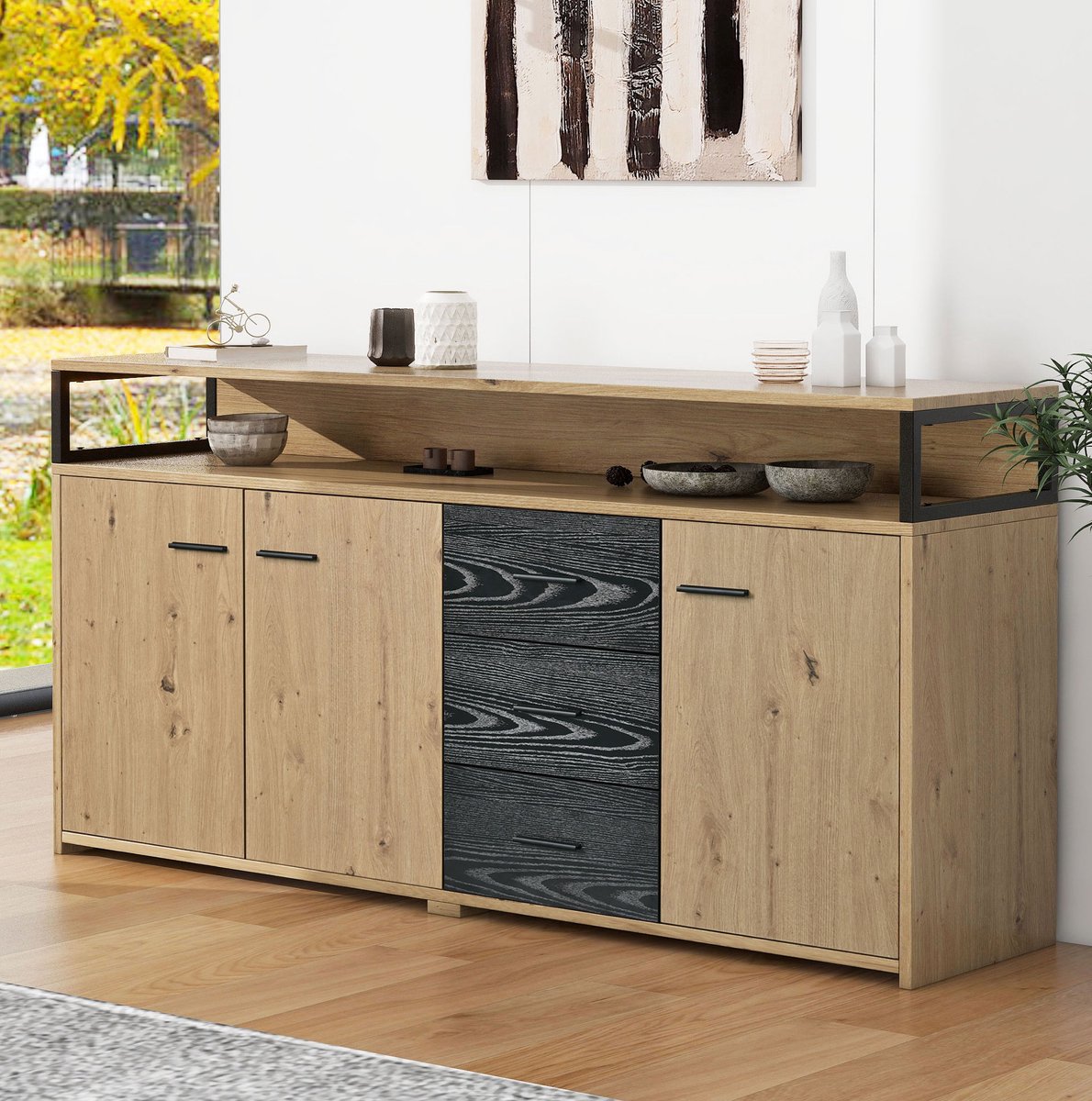 COVREO Dressoir 150x35x75,9 cm zwart bruin, spaanplaat met 3 deuren 3 lades