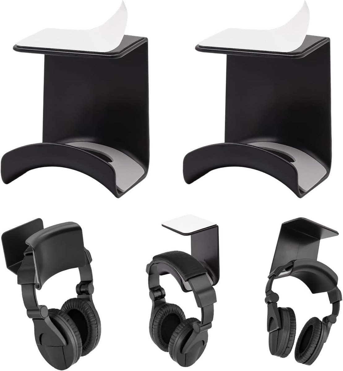Set van 2 Zelfklevende Hoofdtelefoonhouders - Wandmontage voor Hoofdtelefoons, Deskstand, Zwart, 6.3 x 5.3 x 7.5 cm, Ideaal voor Organisatie en Ruimtebesparing